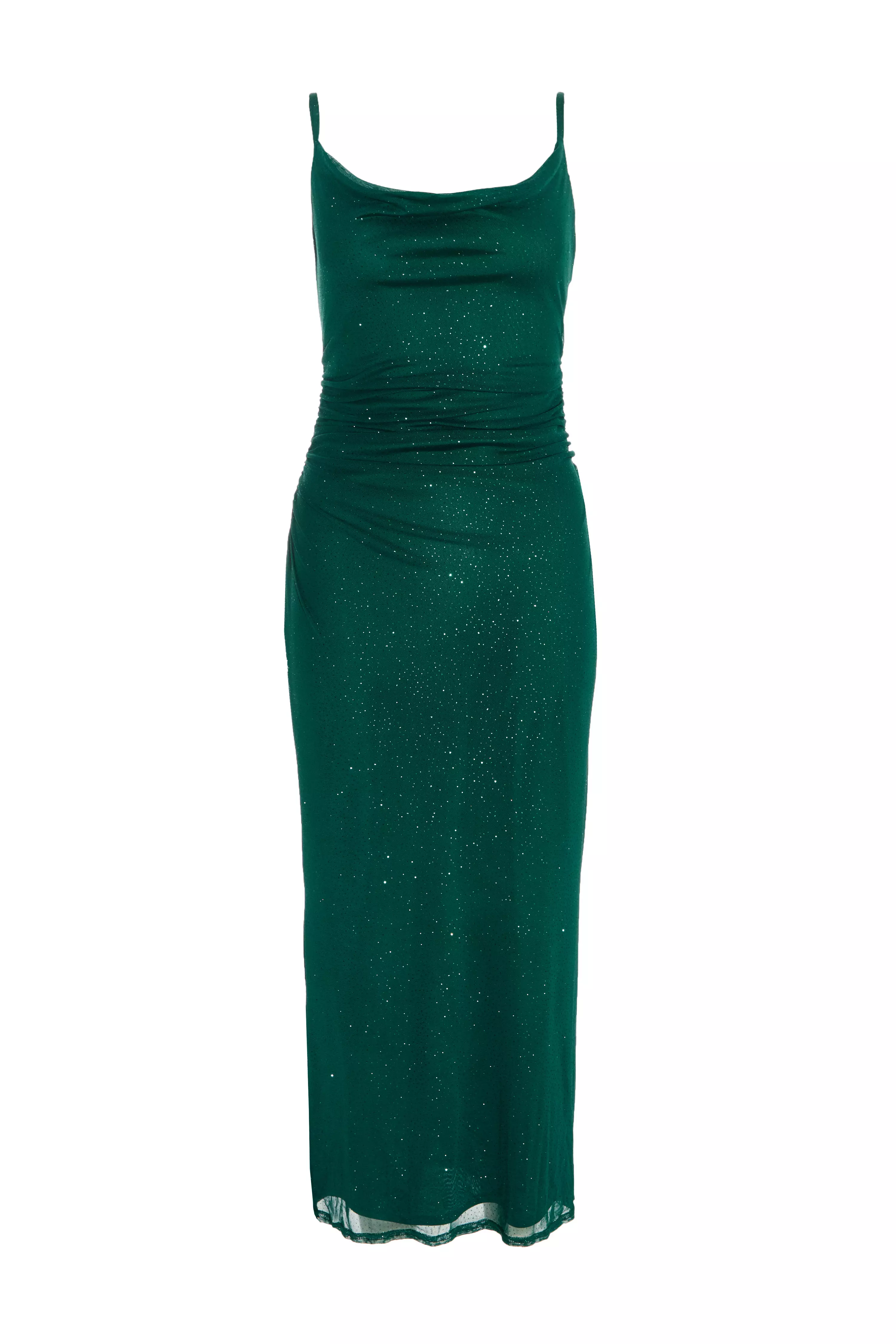 Petite Bottle Green Glitter Mesh Midaxi Dress