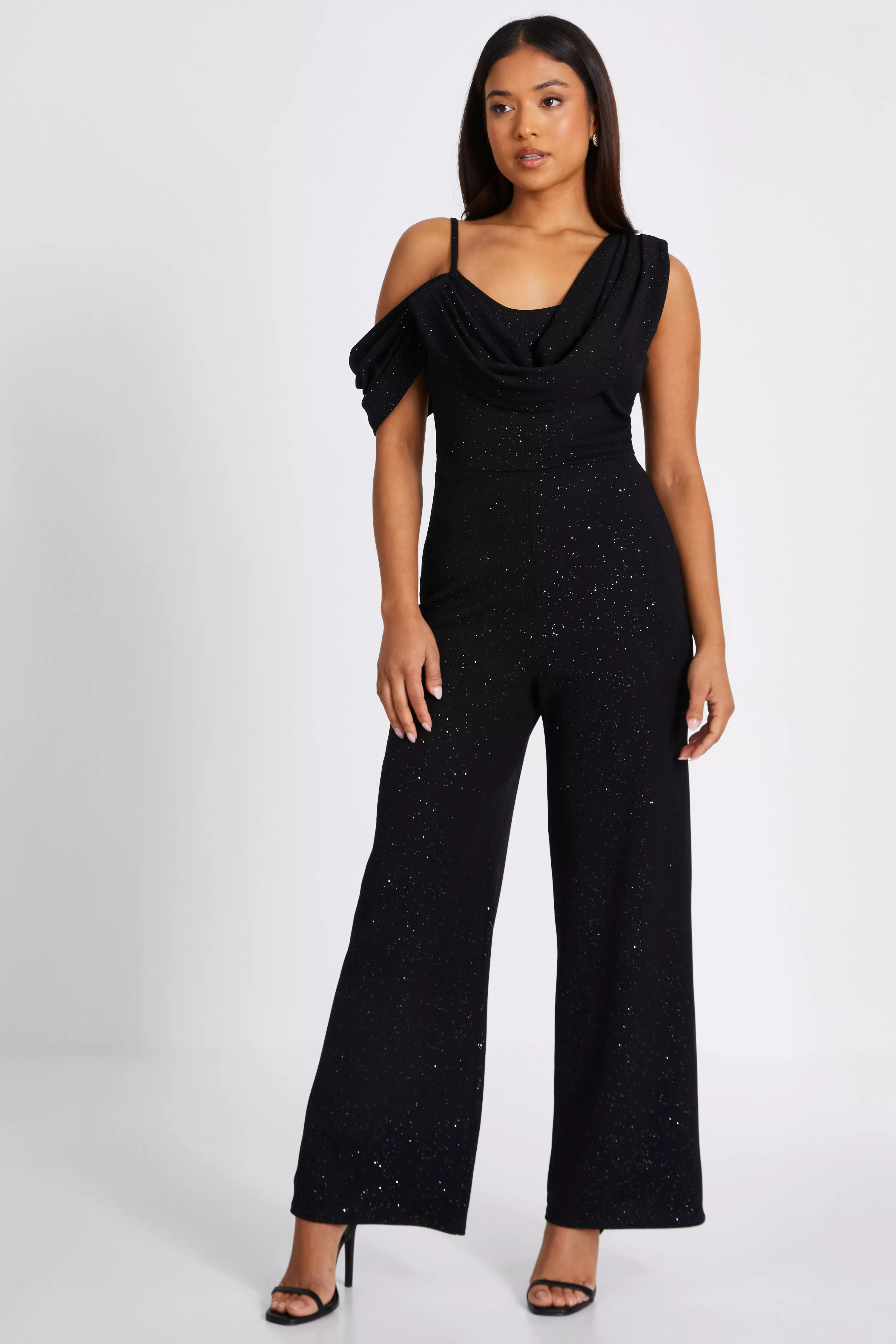 Petite Black Contrast Bardot Palazzo Jumpsuit QUIZ Clothing