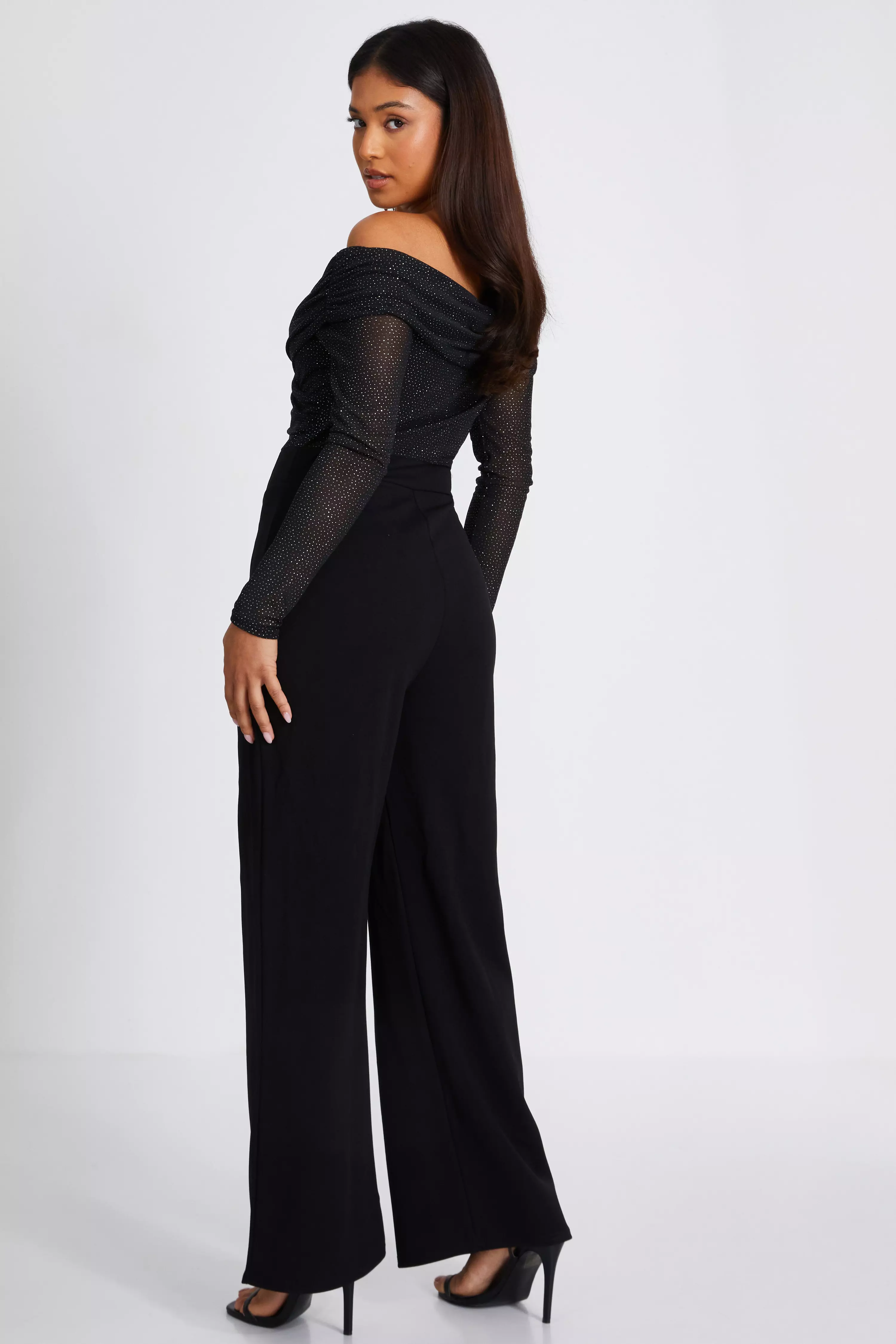 Petite Black Glitter Bardot Jumpsuit