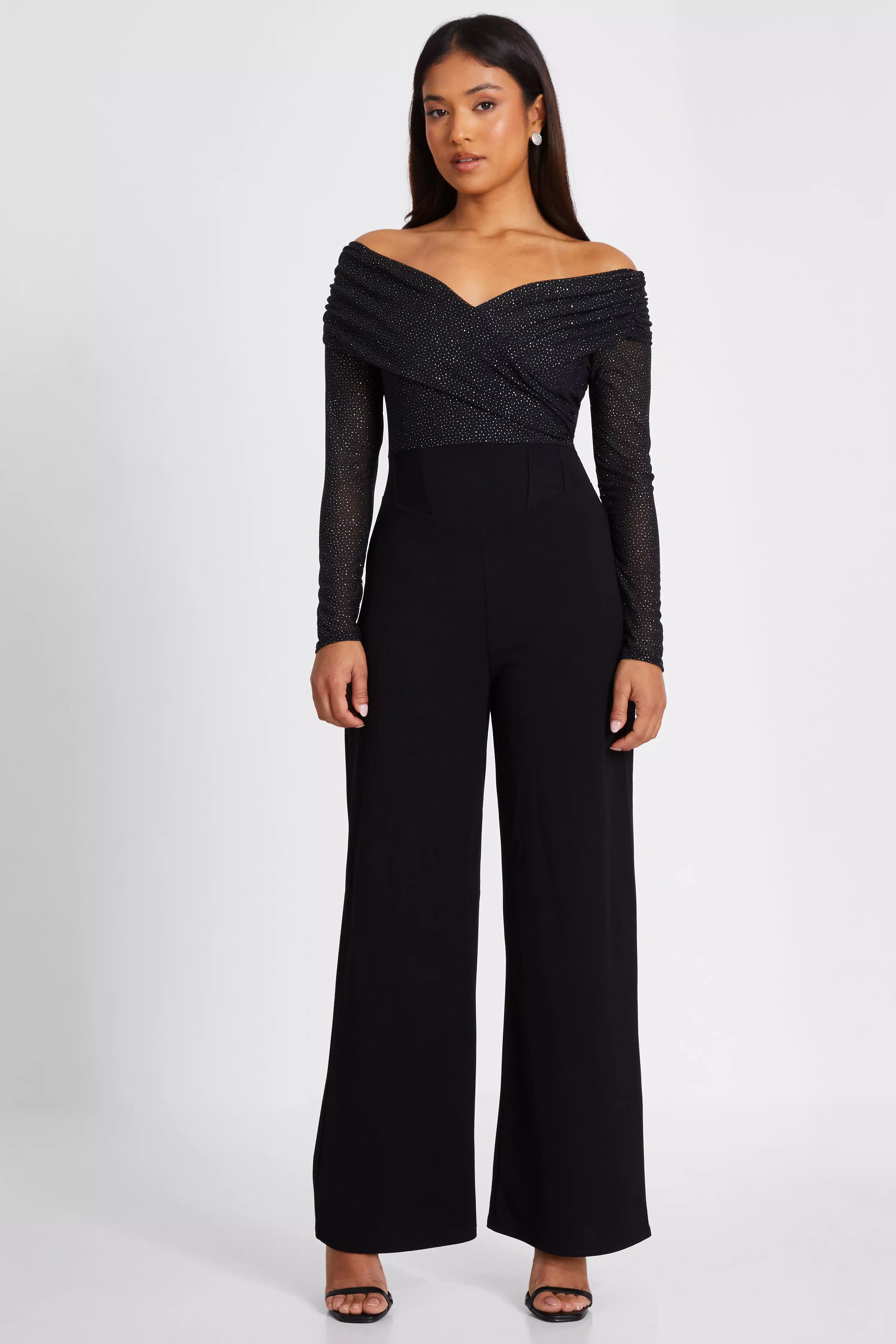 Petite Black Glitter Bardot Jumpsuit