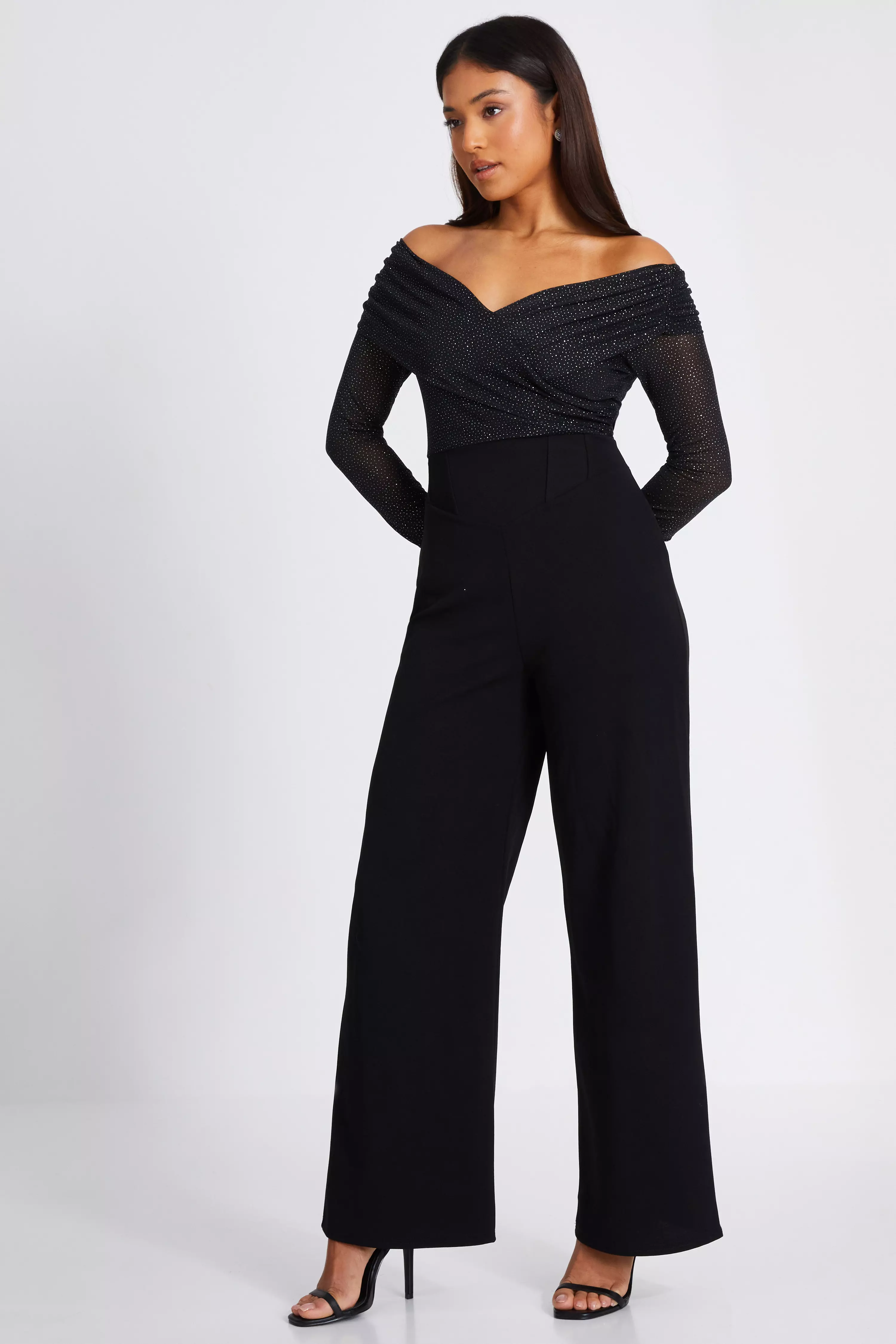 Petite Black Glitter Bardot Jumpsuit