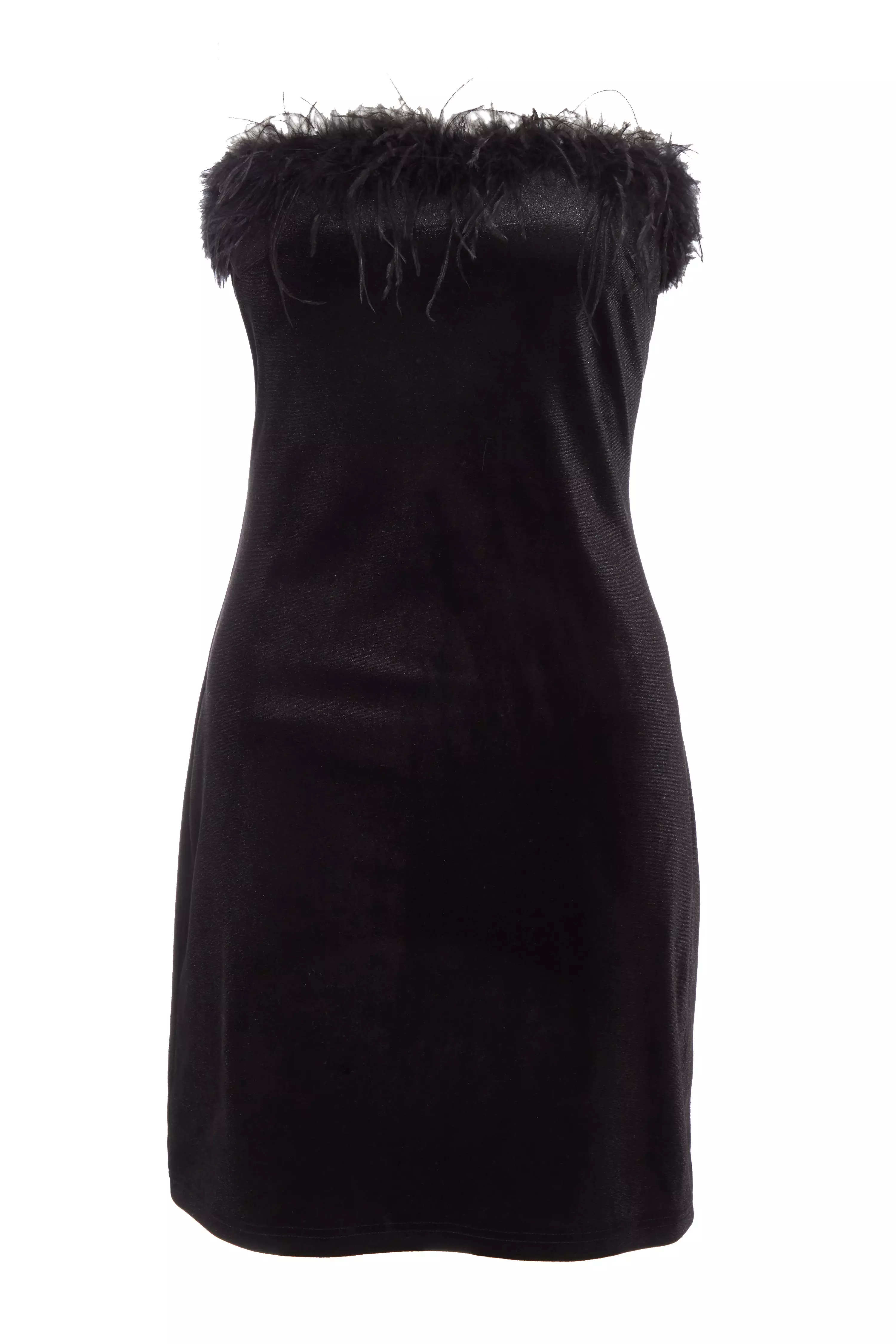 Black Velvet Feather Trim Mini Dress