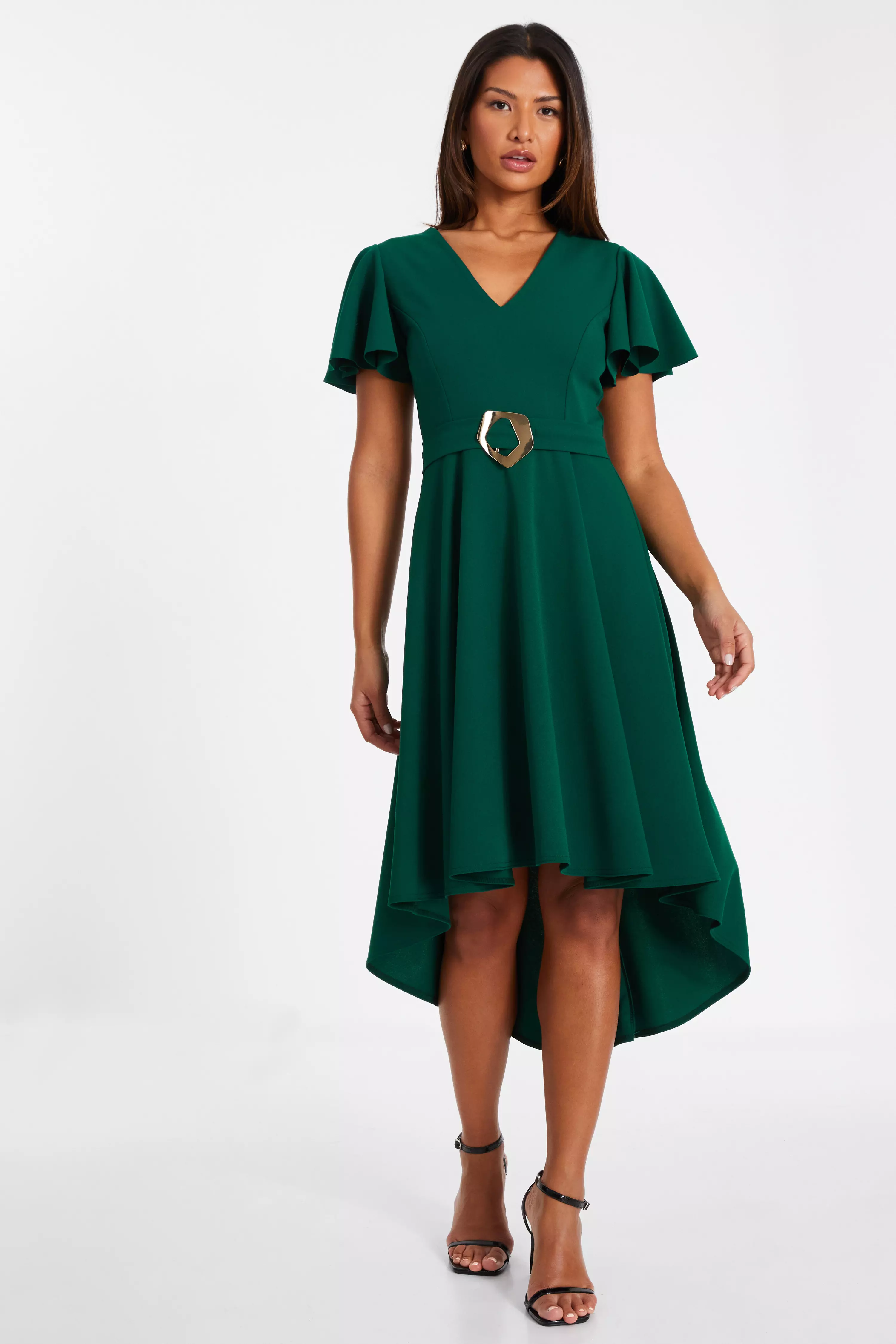 Bottle Green Buckle Detail Midi Dress