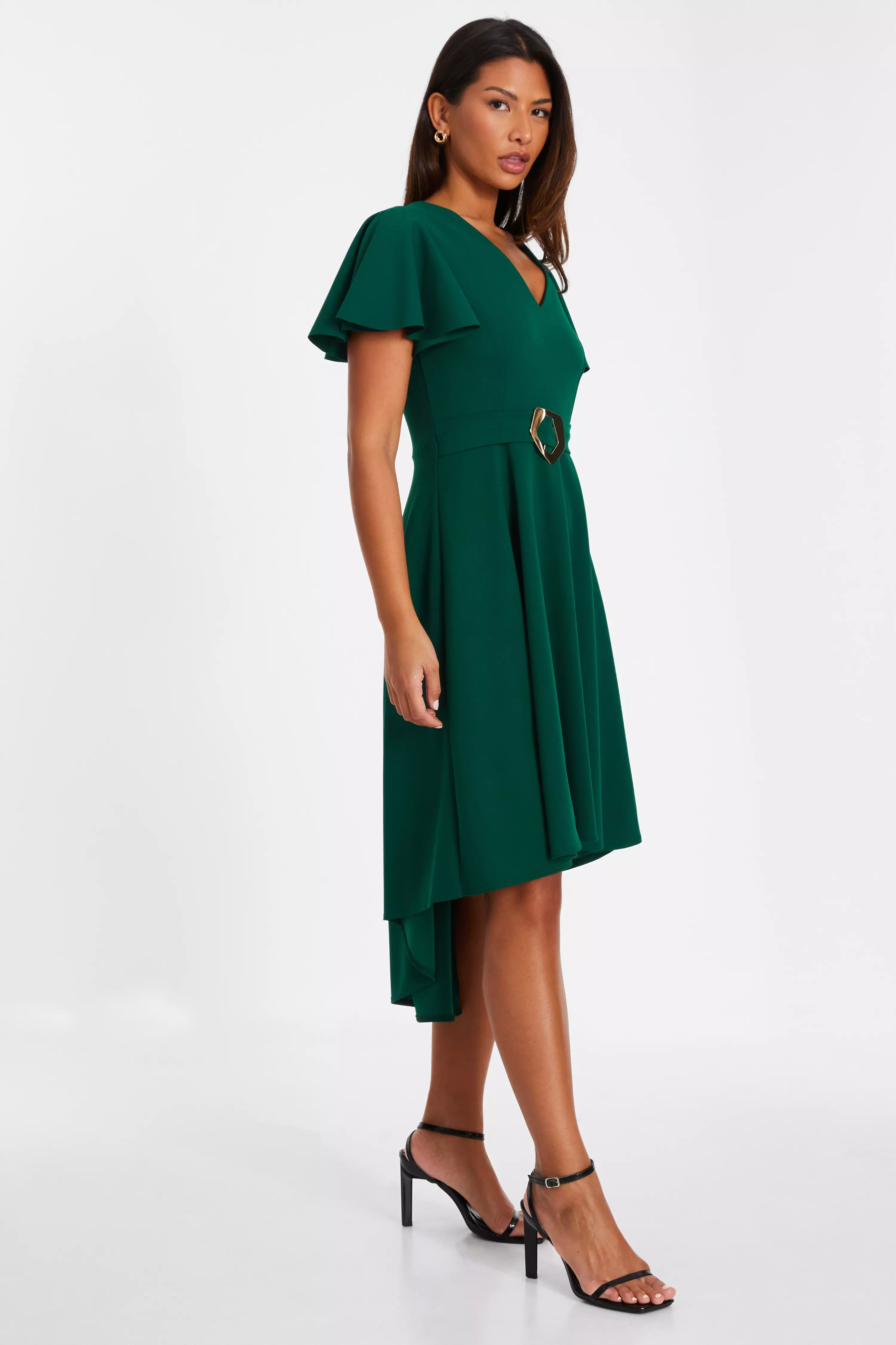 Bottle Green Buckle Detail Midi Dress