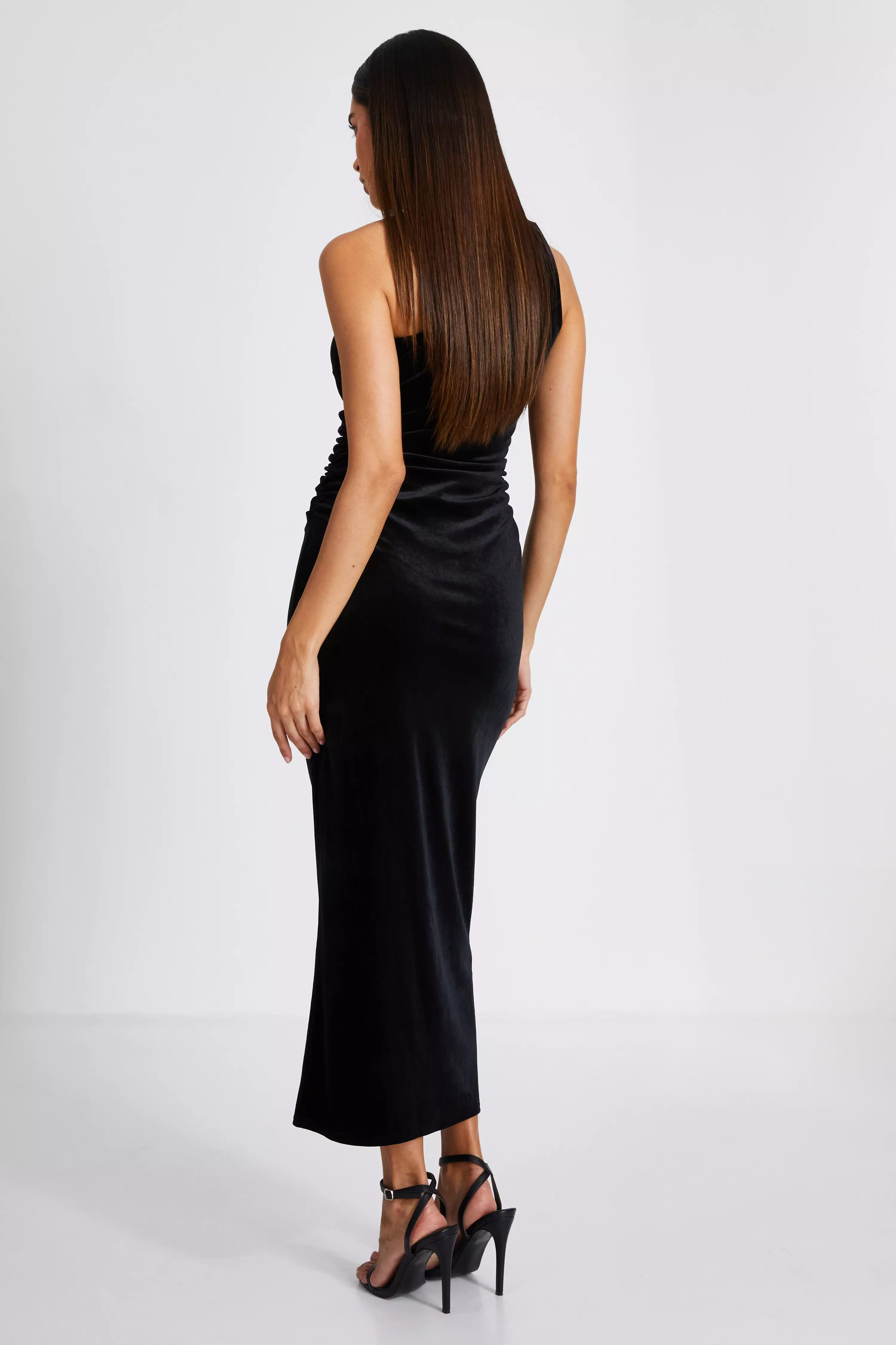 Black Velvet One Shoulder Midaxi Dress