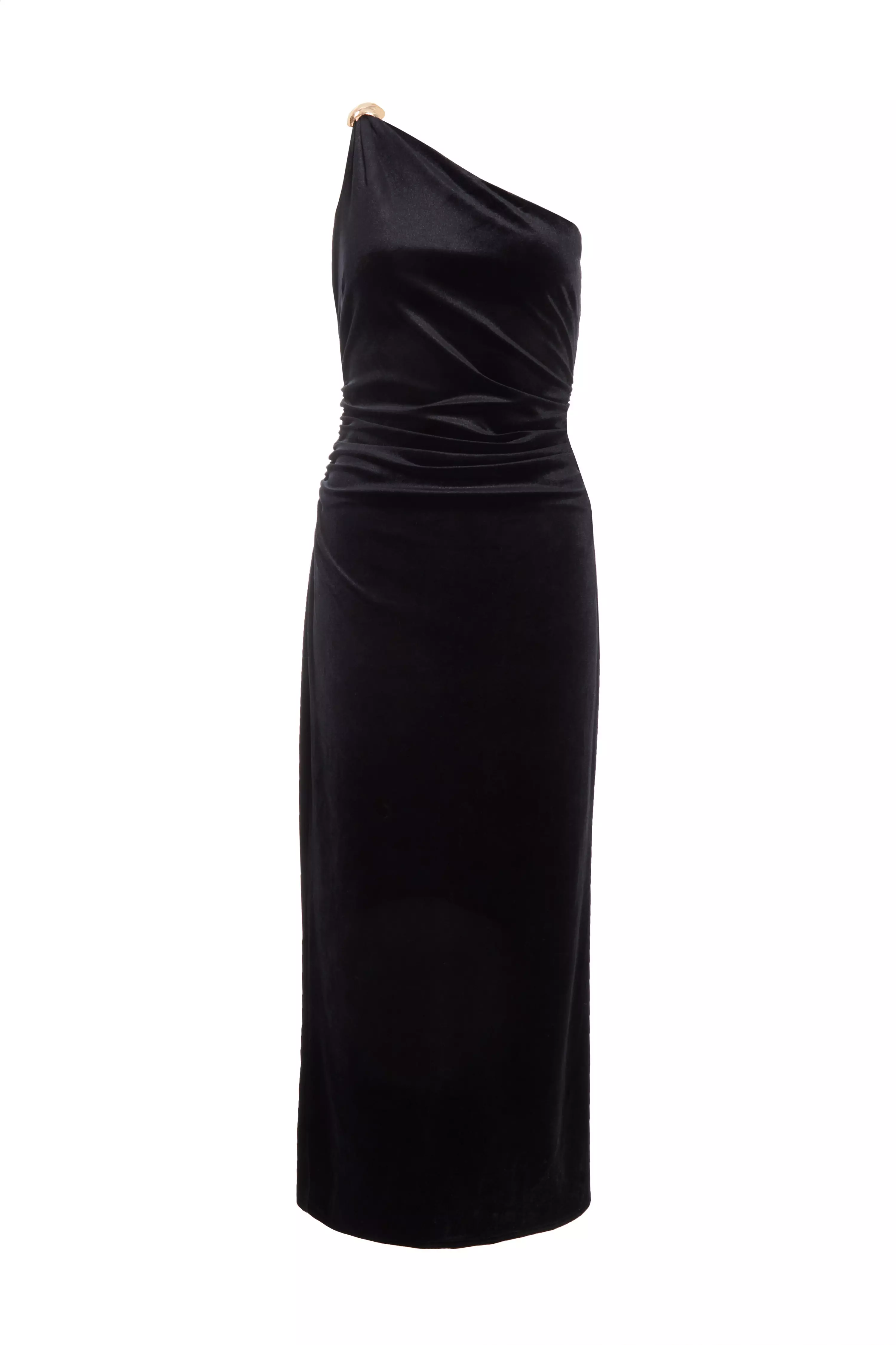 Black Velvet One Shoulder Midaxi Dress