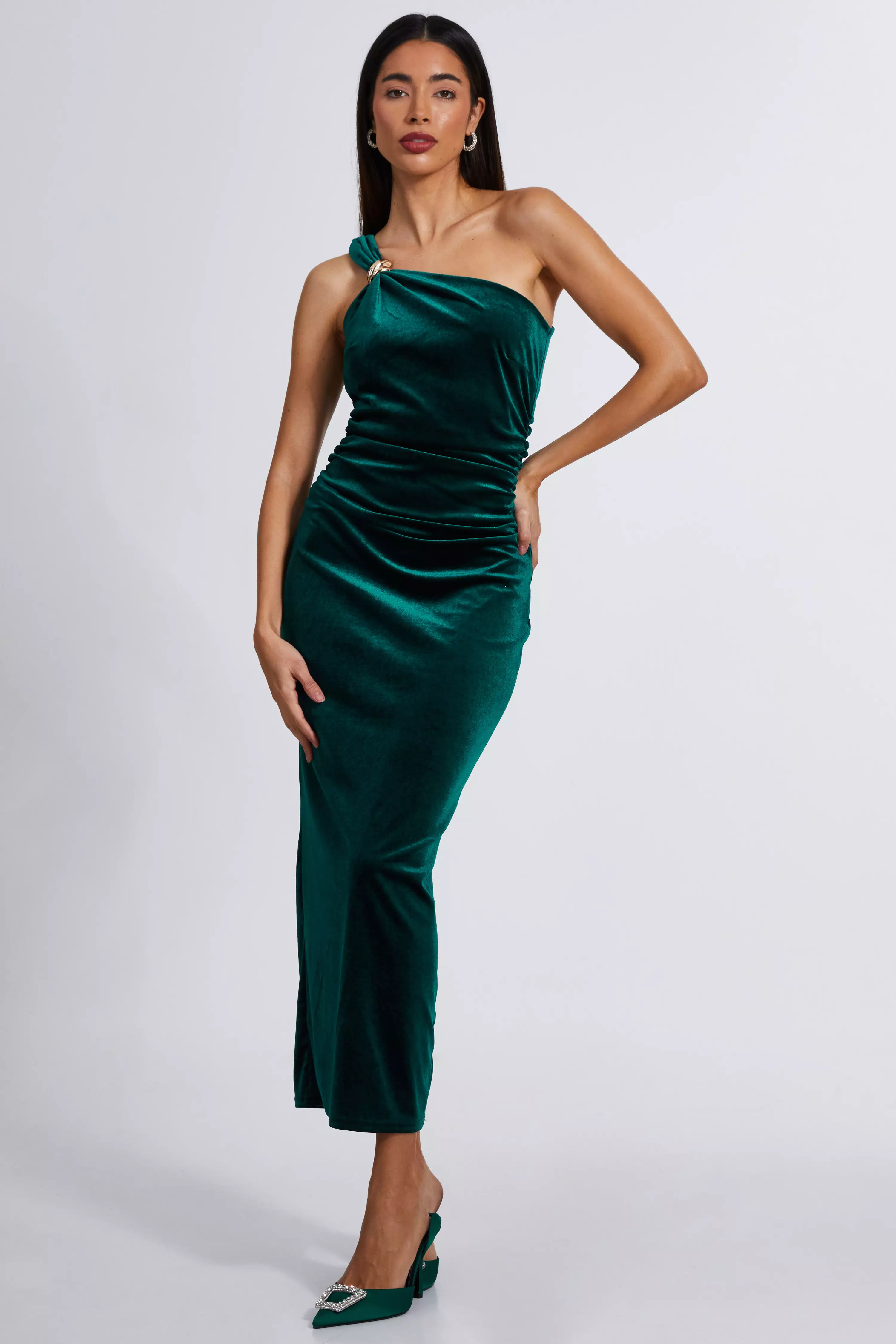 Bottle Green One Shoulder Maxi Dress QUIZ Clothing