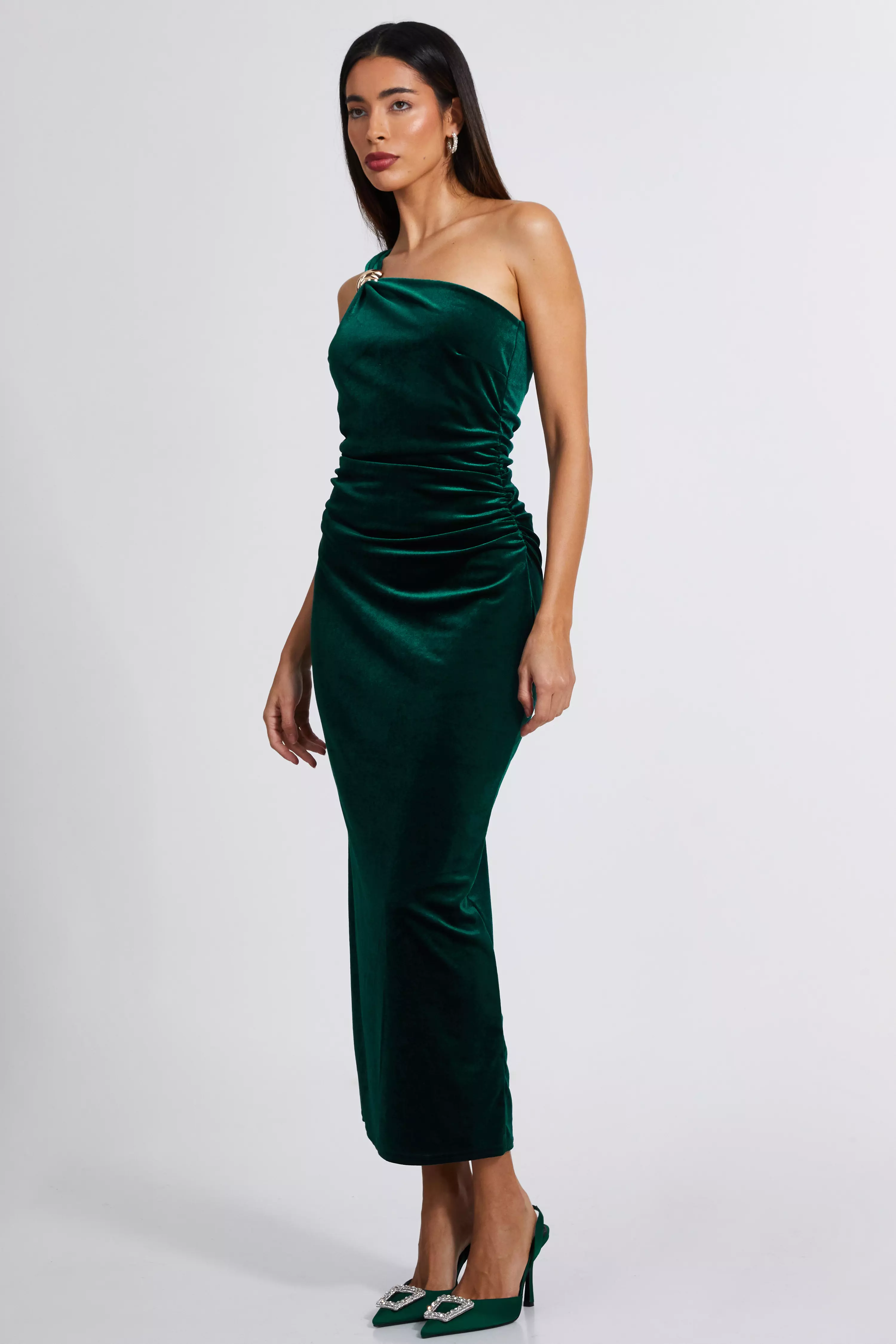 Bottle Green Velvet One Shoulder Midaxi Dress