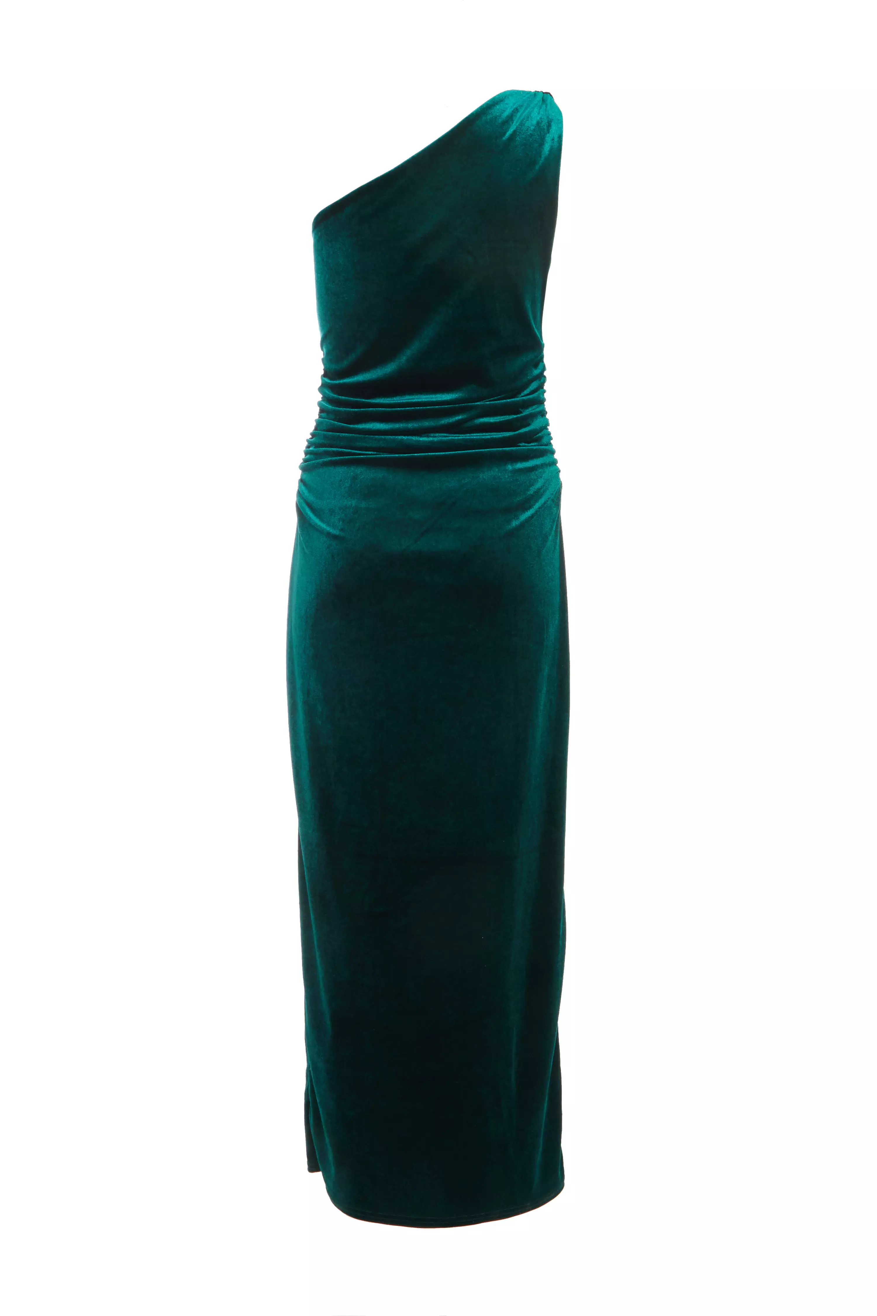 Bottle Green Velvet One Shoulder Midaxi Dress