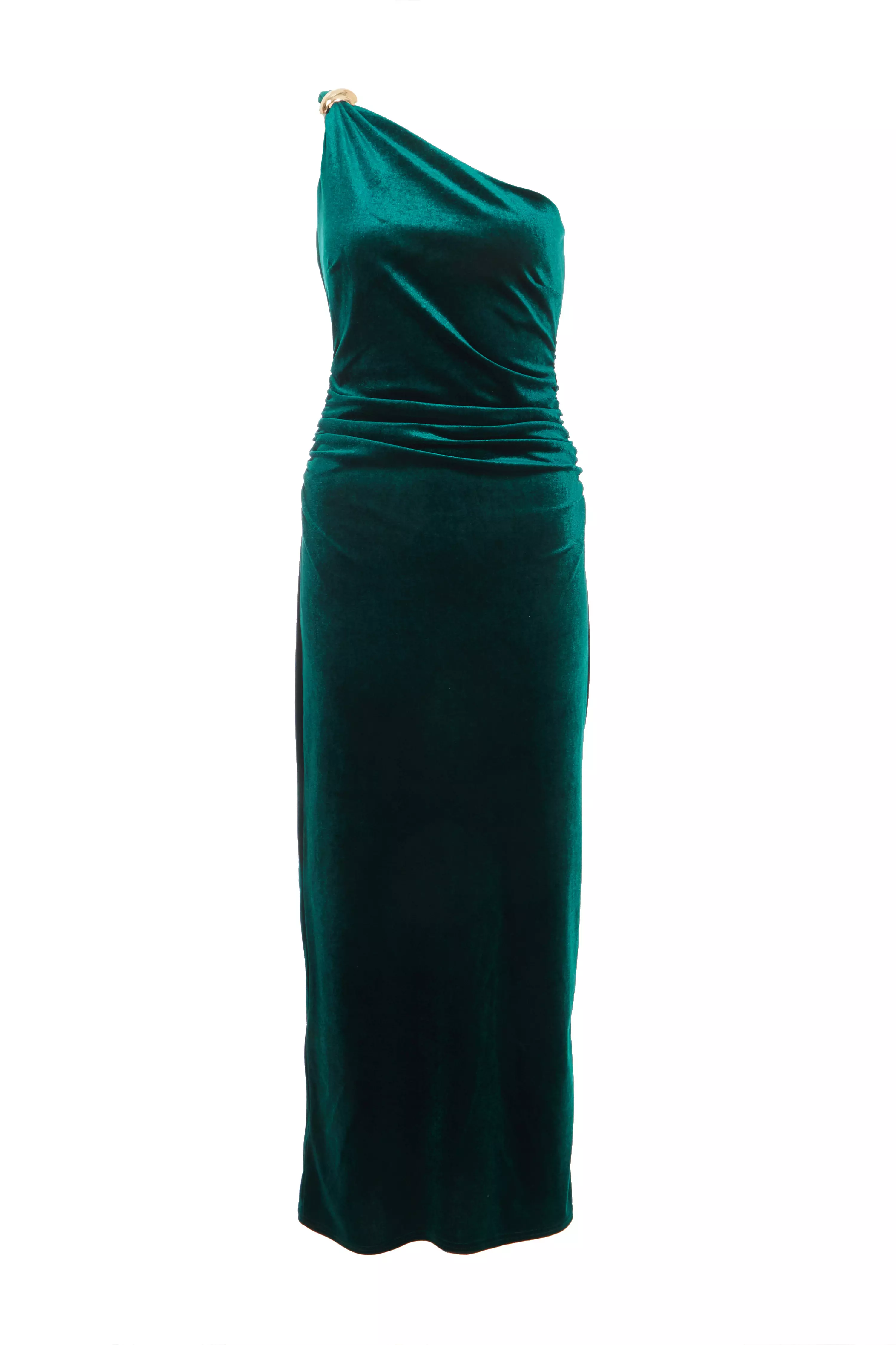 Bottle Green Velvet One Shoulder Midaxi Dress