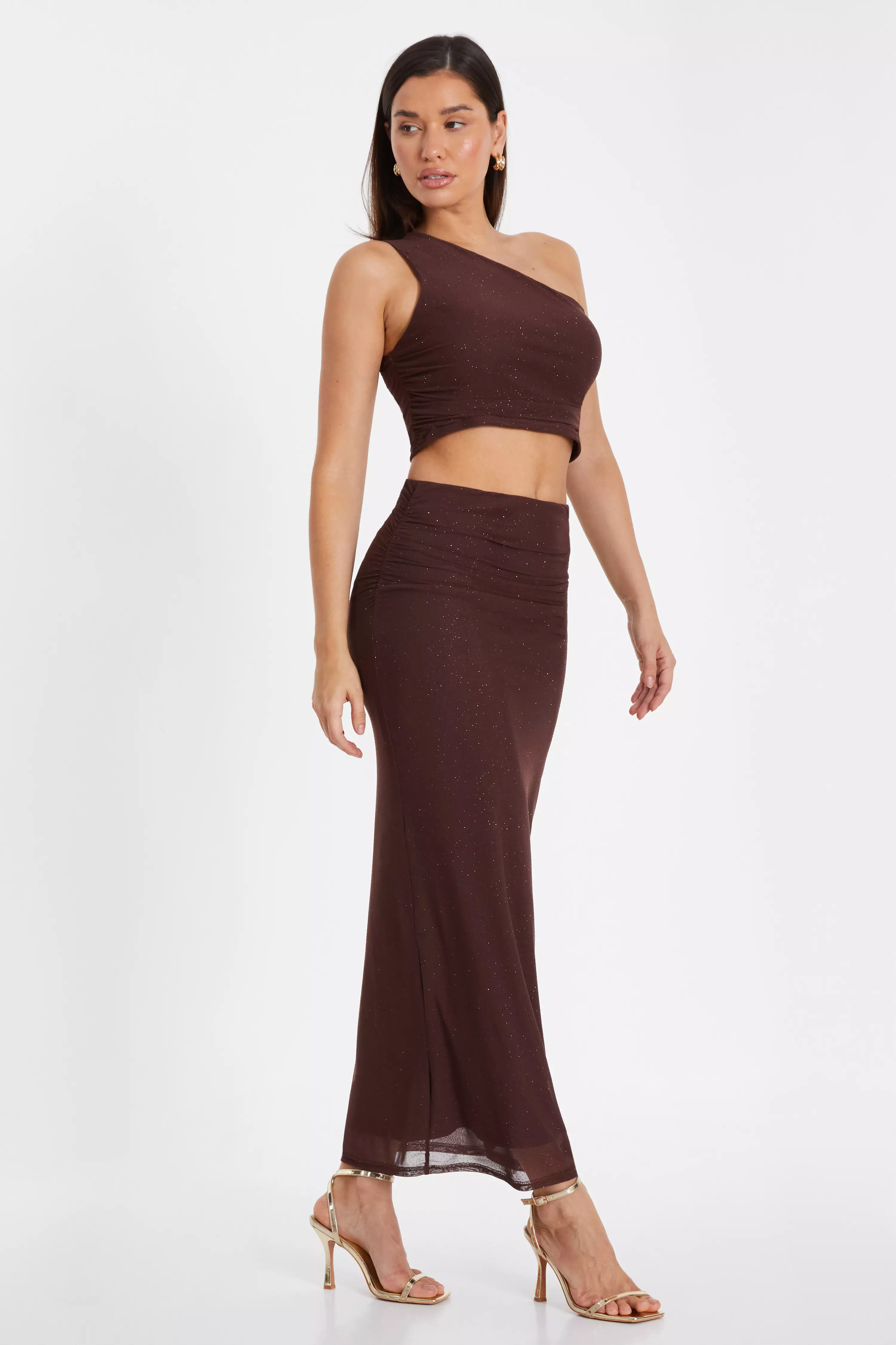 Brown Glitter Mesh One Shoulder Crop Top