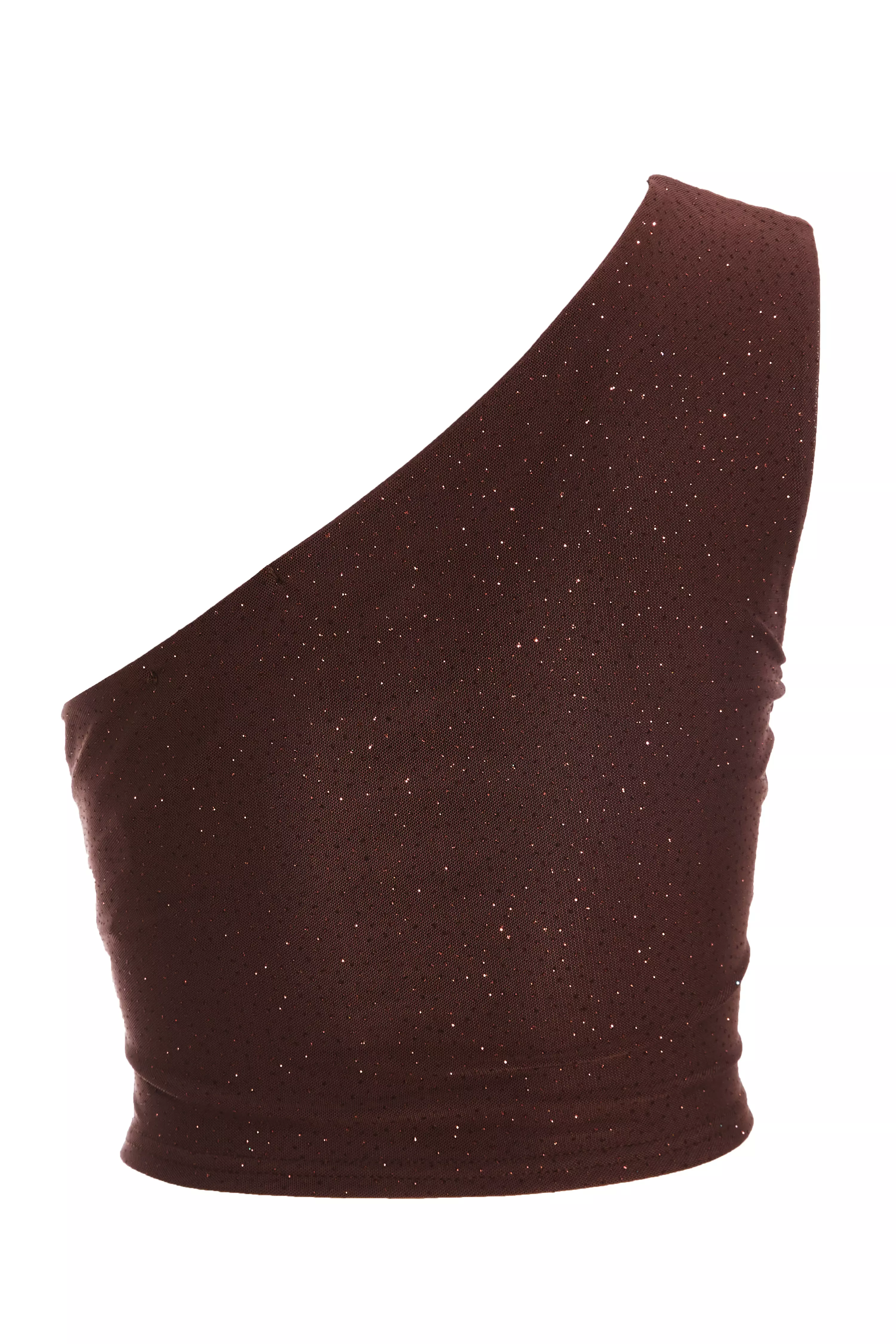 Brown Glitter Mesh One Shoulder Crop Top