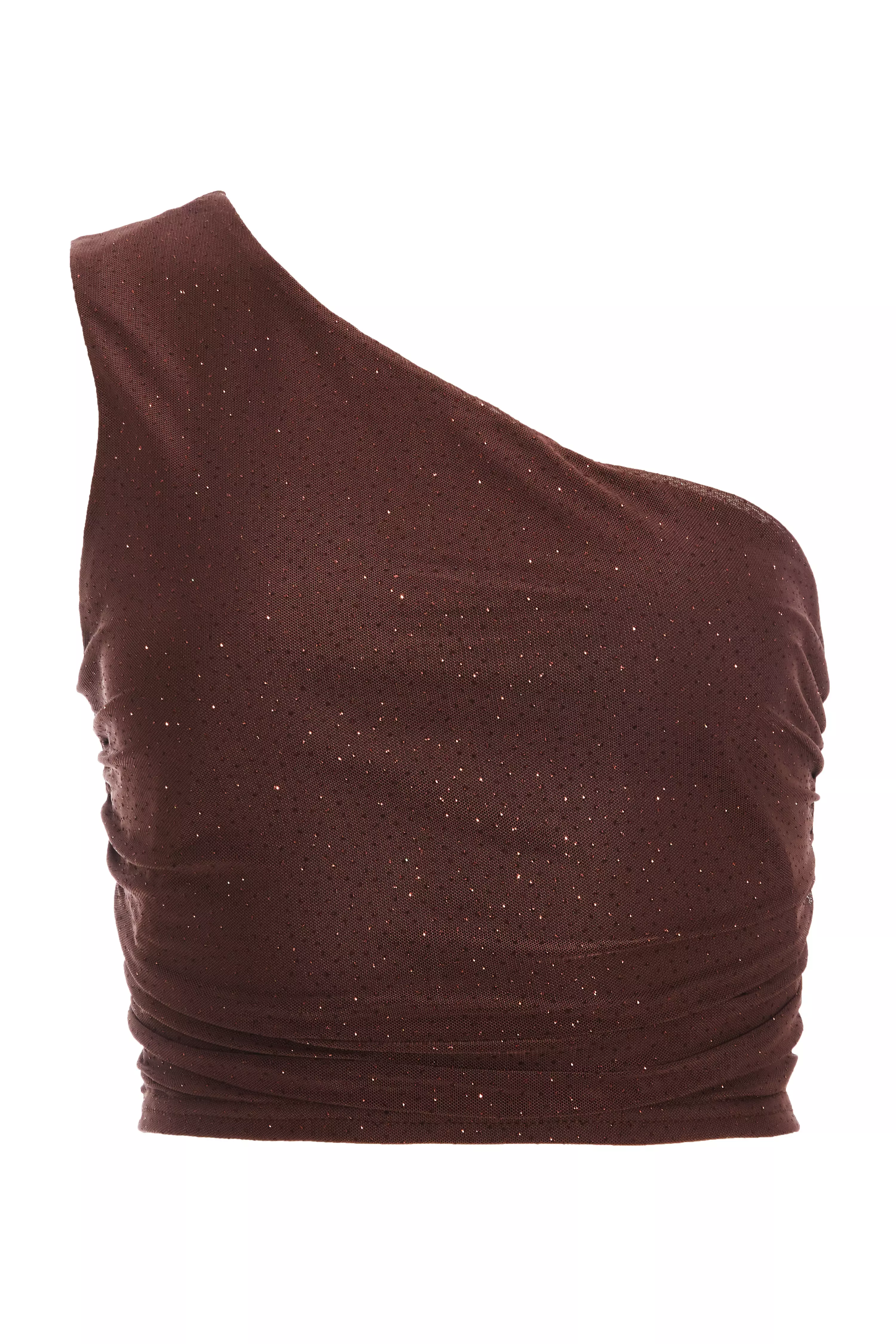 Brown Glitter Mesh One Shoulder Crop Top