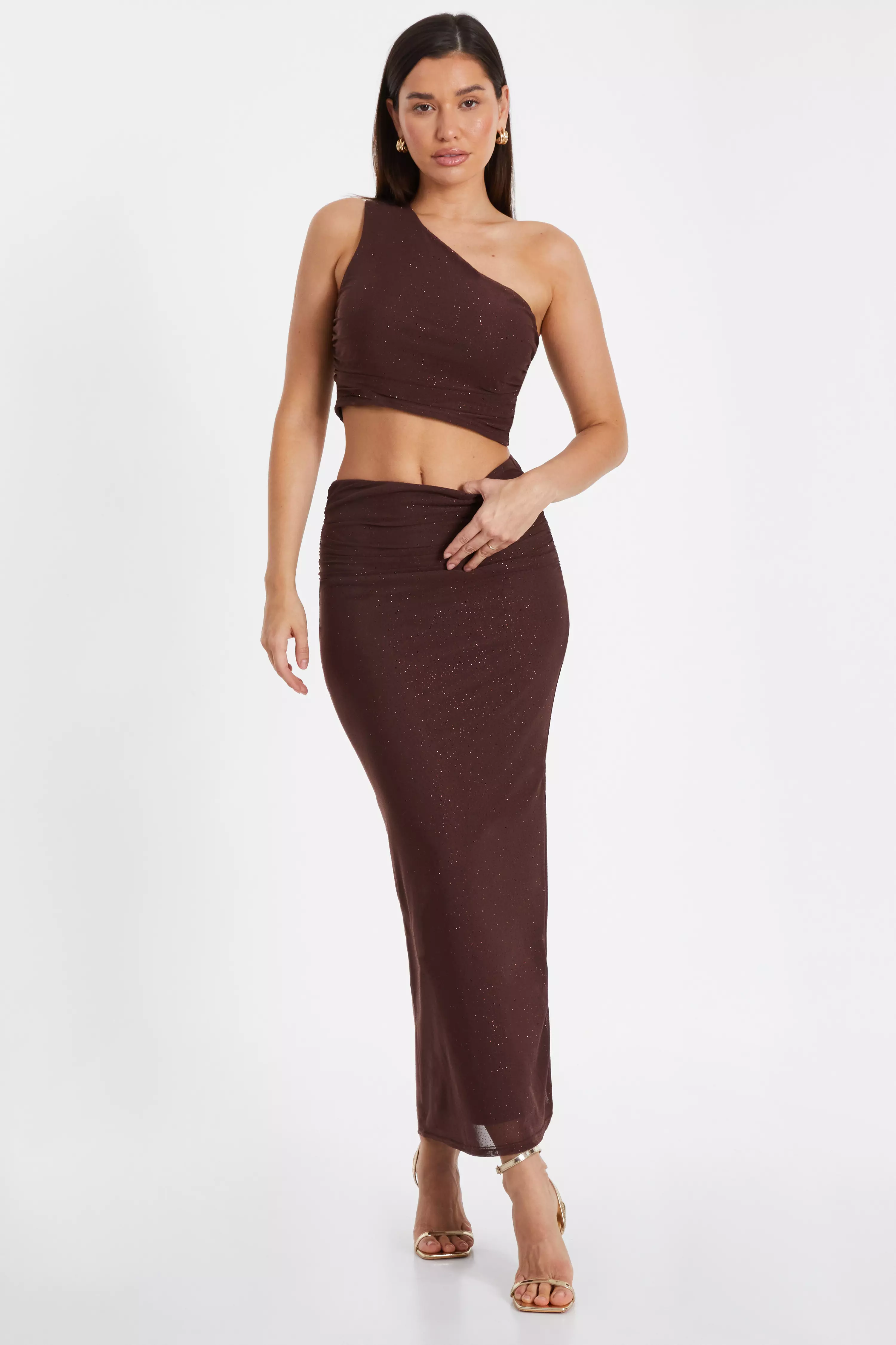 Brown Glitter Mesh Midaxi Skirt