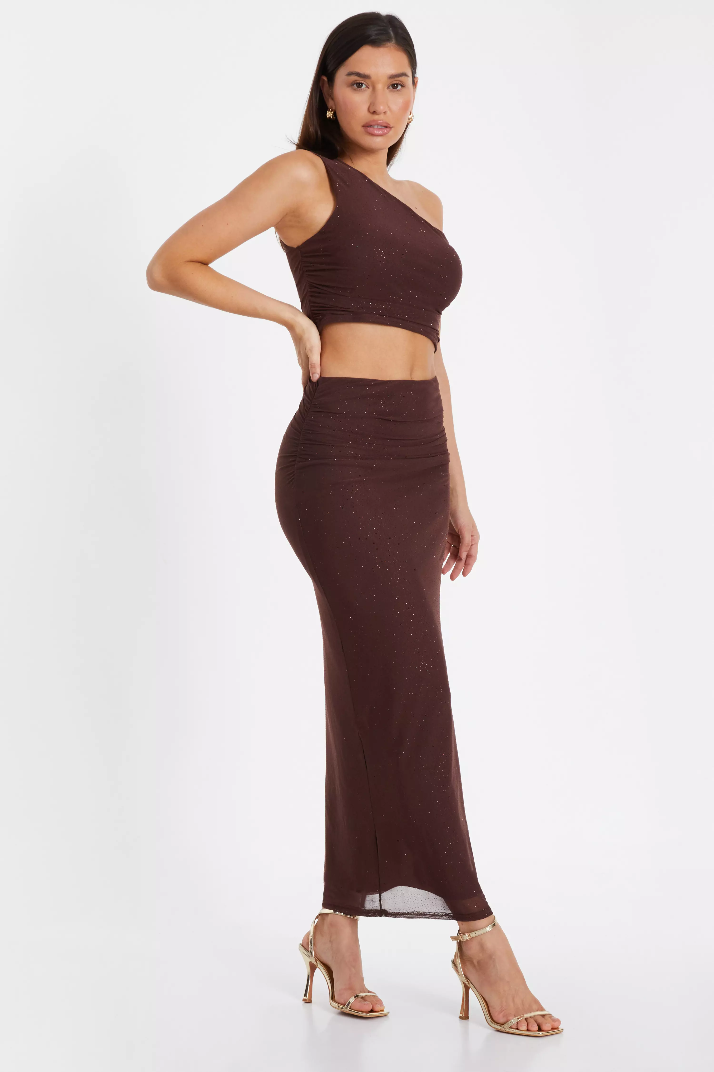 Brown Glitter Mesh Midaxi Skirt