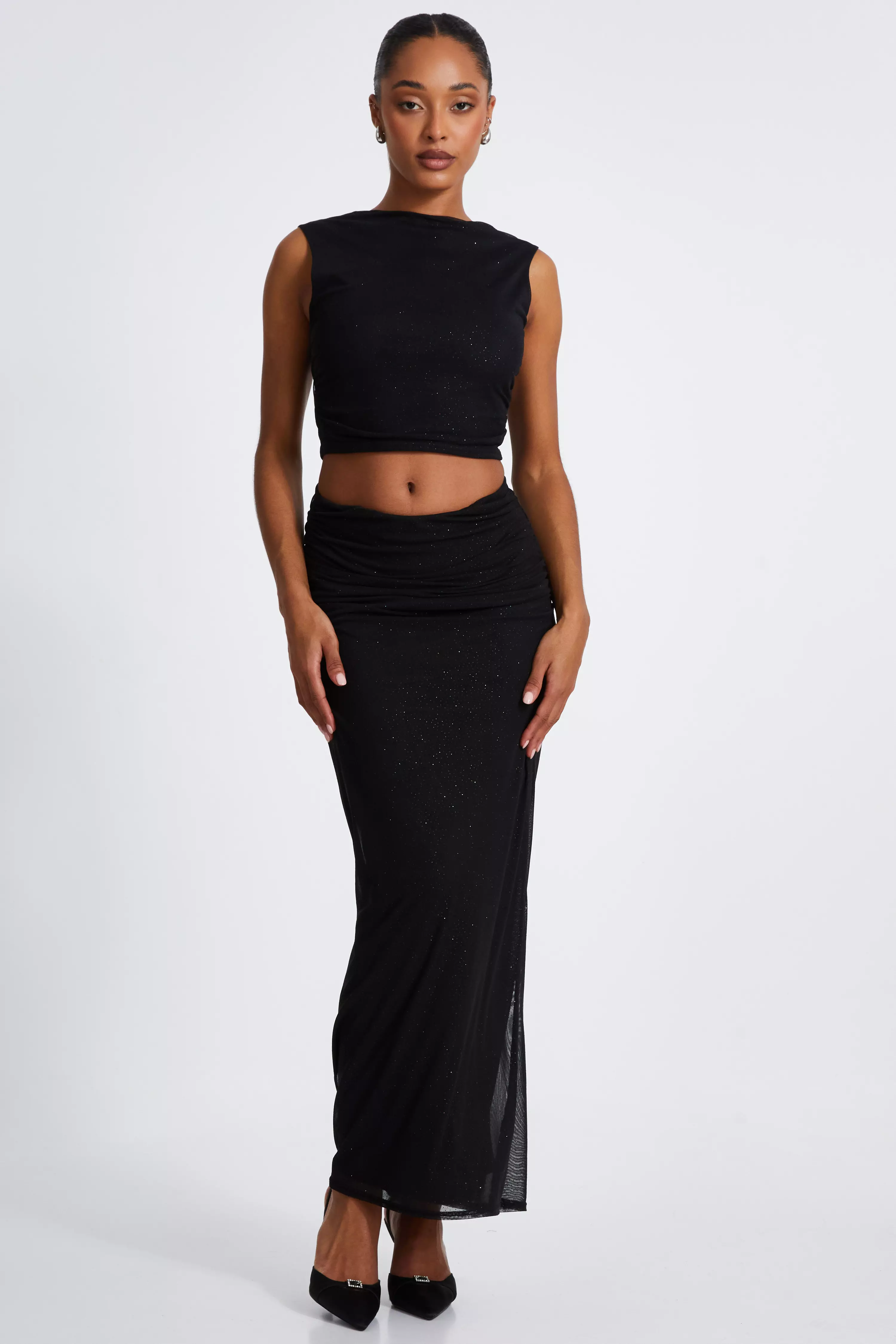 Black Glitter Mesh Midaxi Skirt 