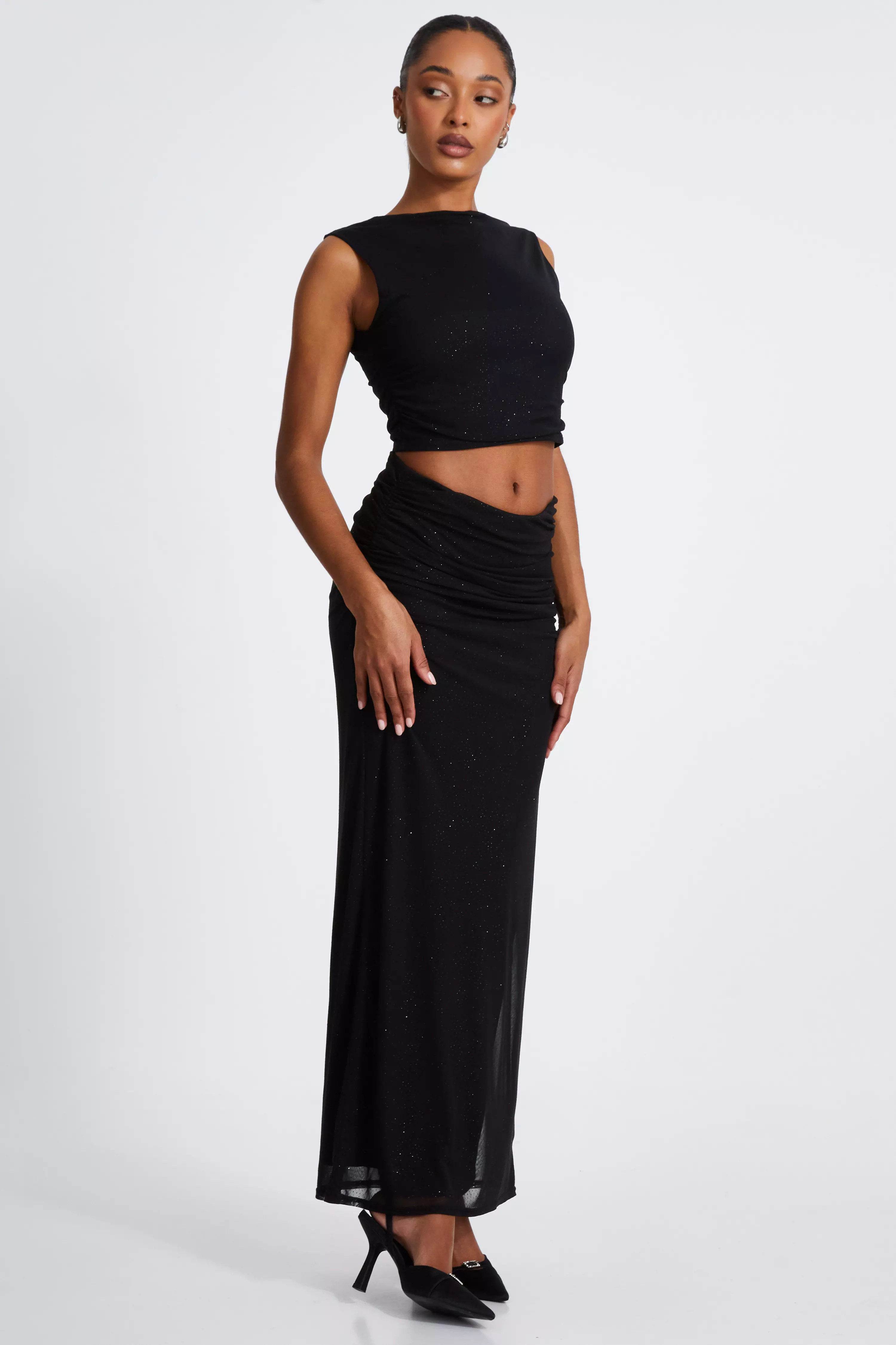 Black Glitter Mesh Midaxi Skirt 