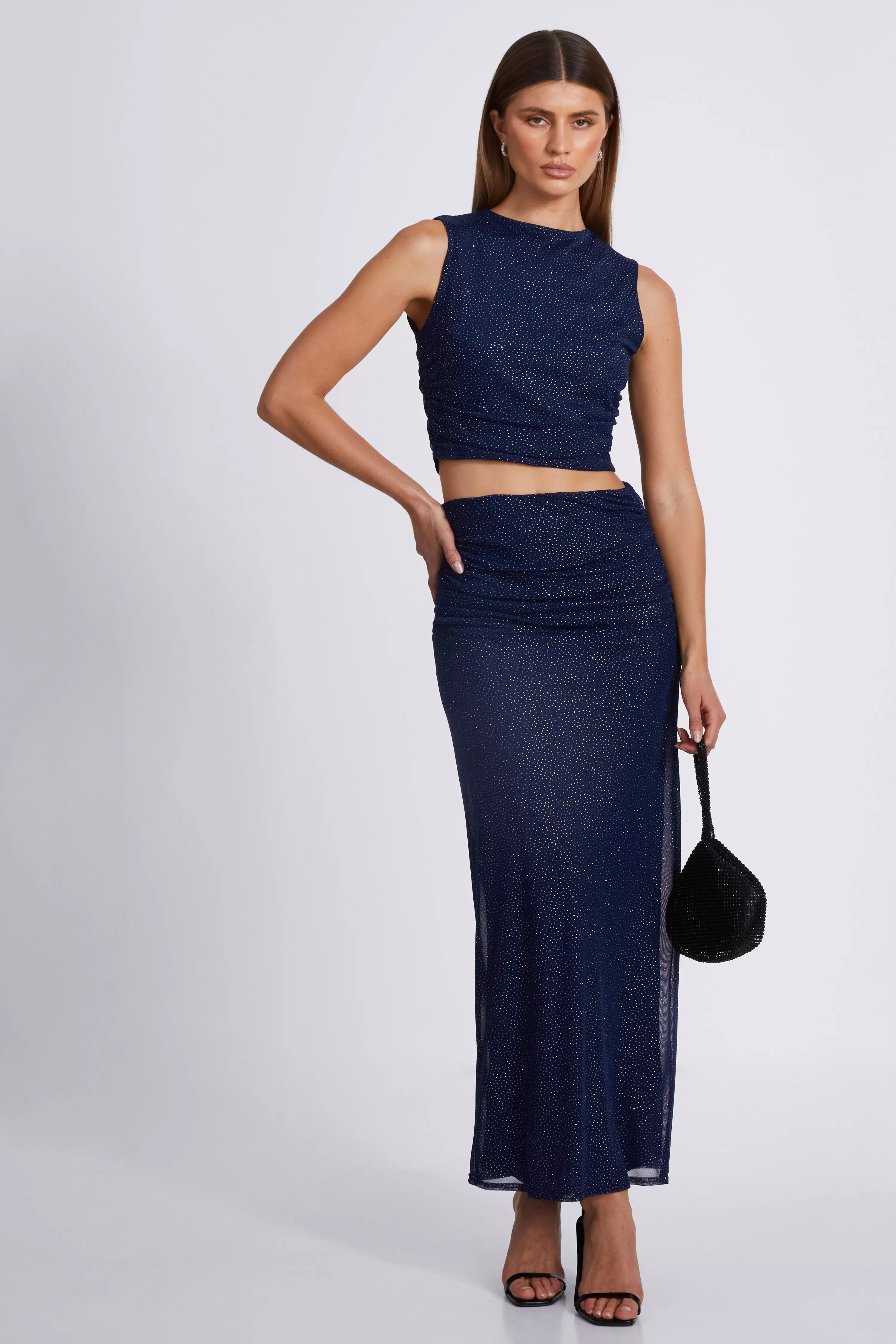 Navy Glitter Mesh Midaxi Skirt 