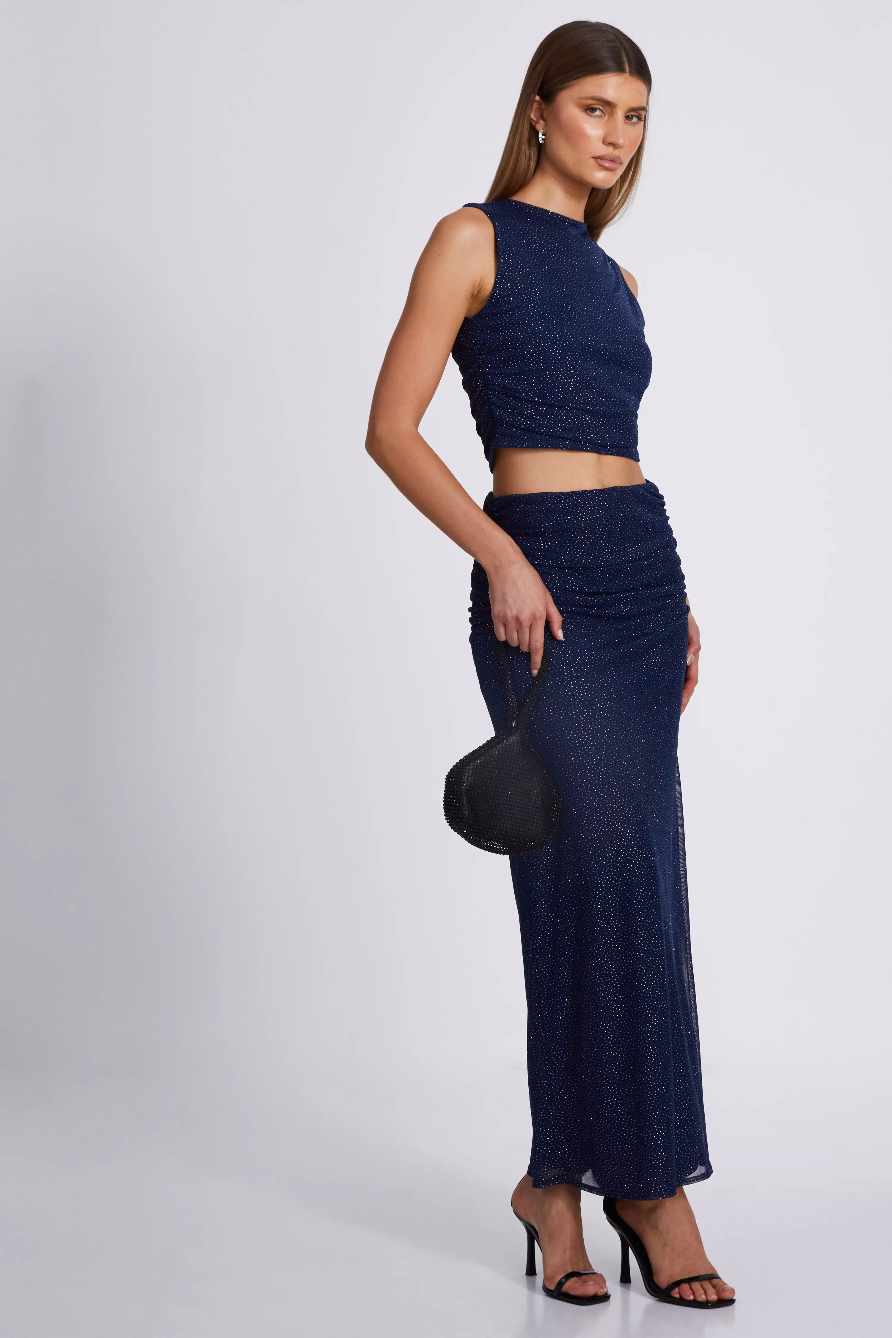 Navy Glitter Mesh Midaxi Skirt 