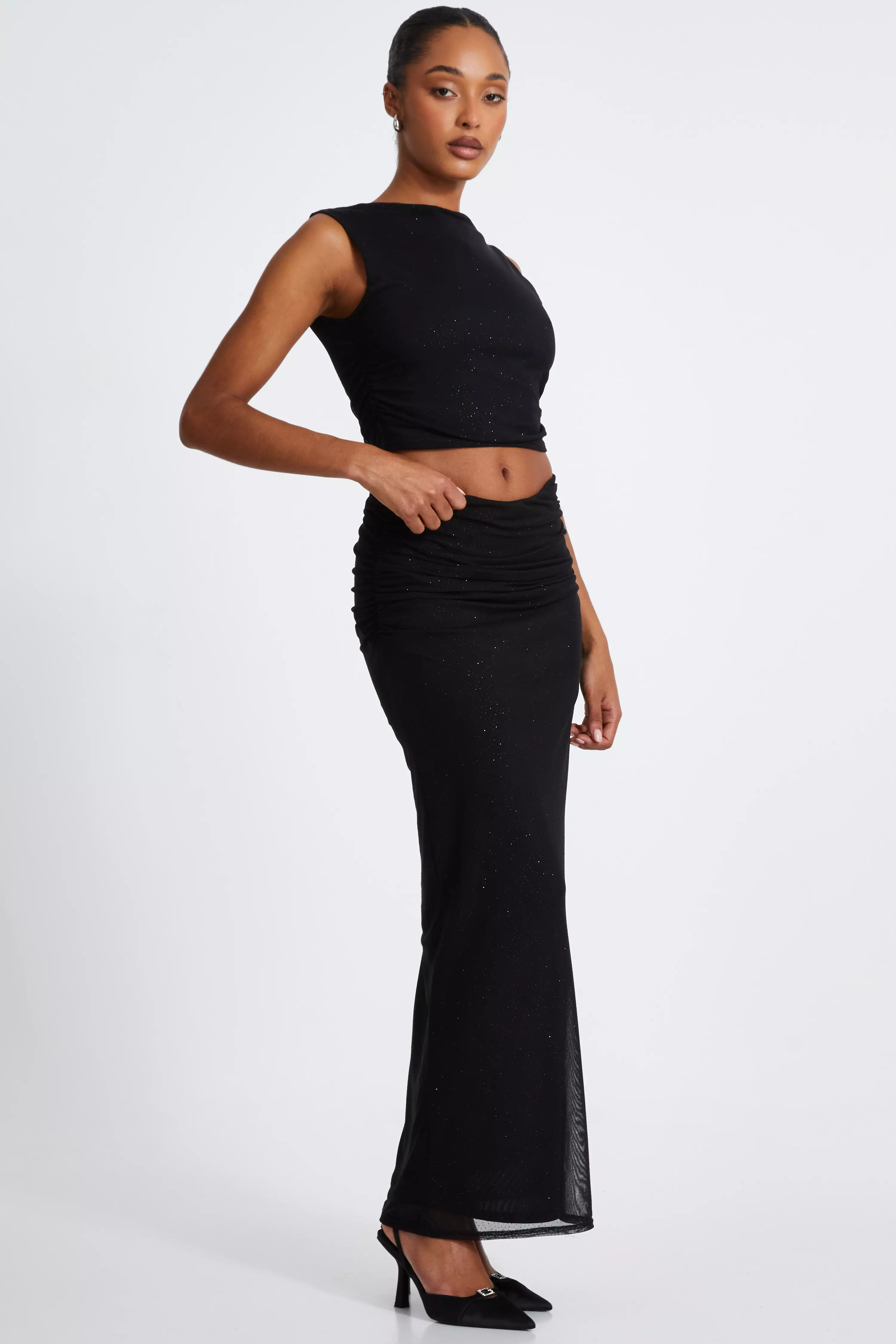 Black Glitter Mesh Crop Top 