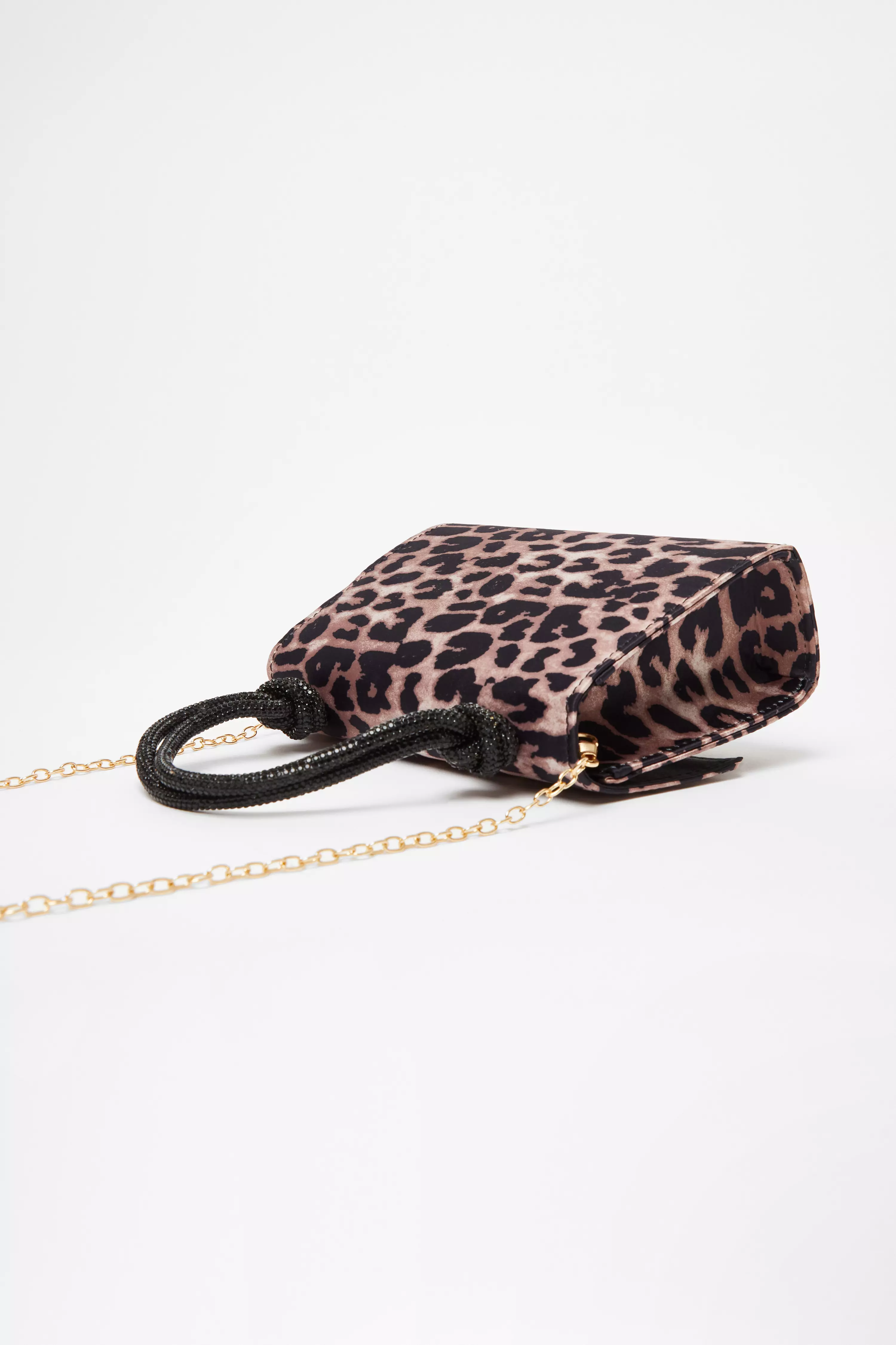 Satin Leopard Print Top Handle Bag