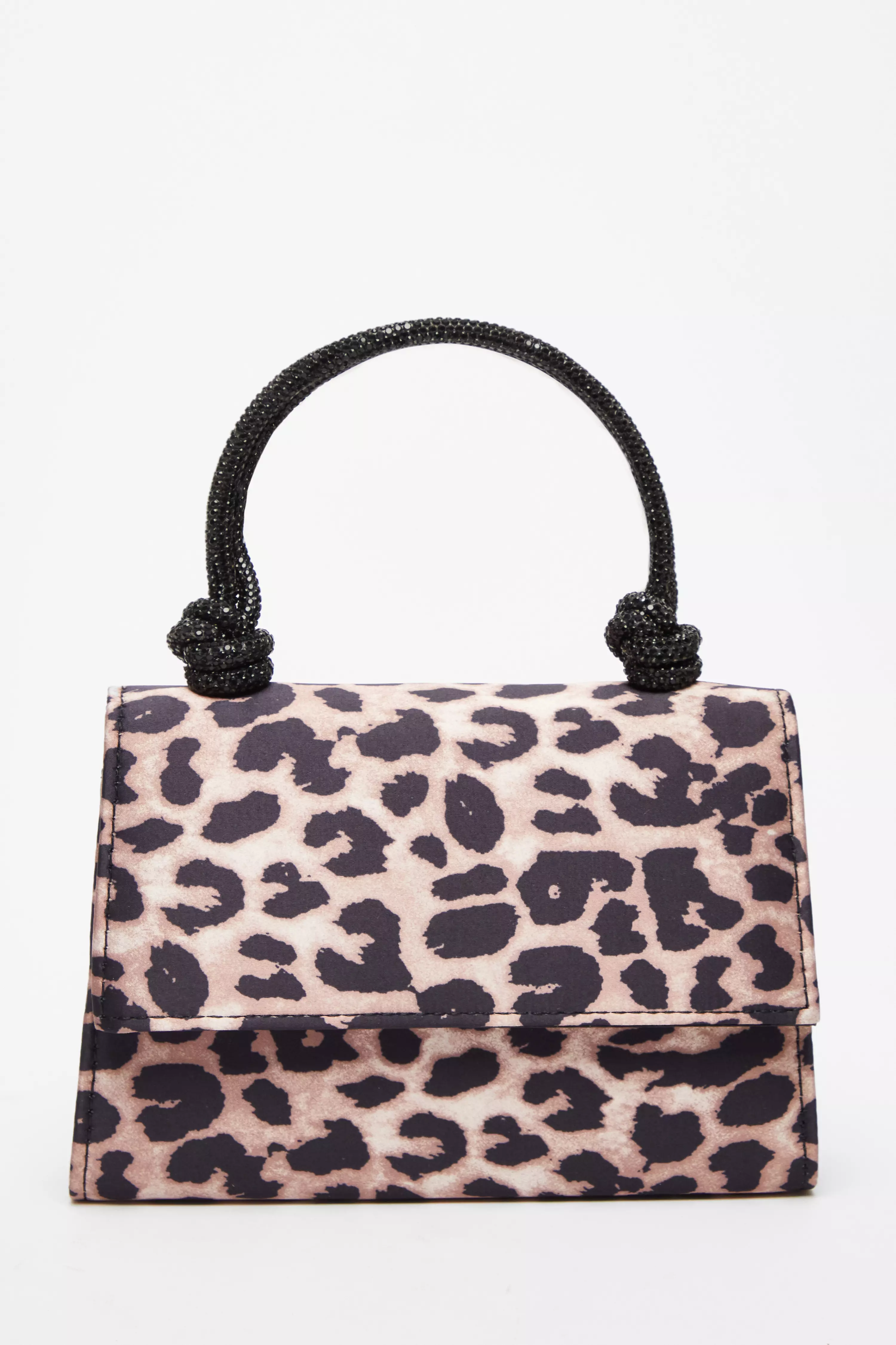 Satin Leopard Print Top Handle Bag