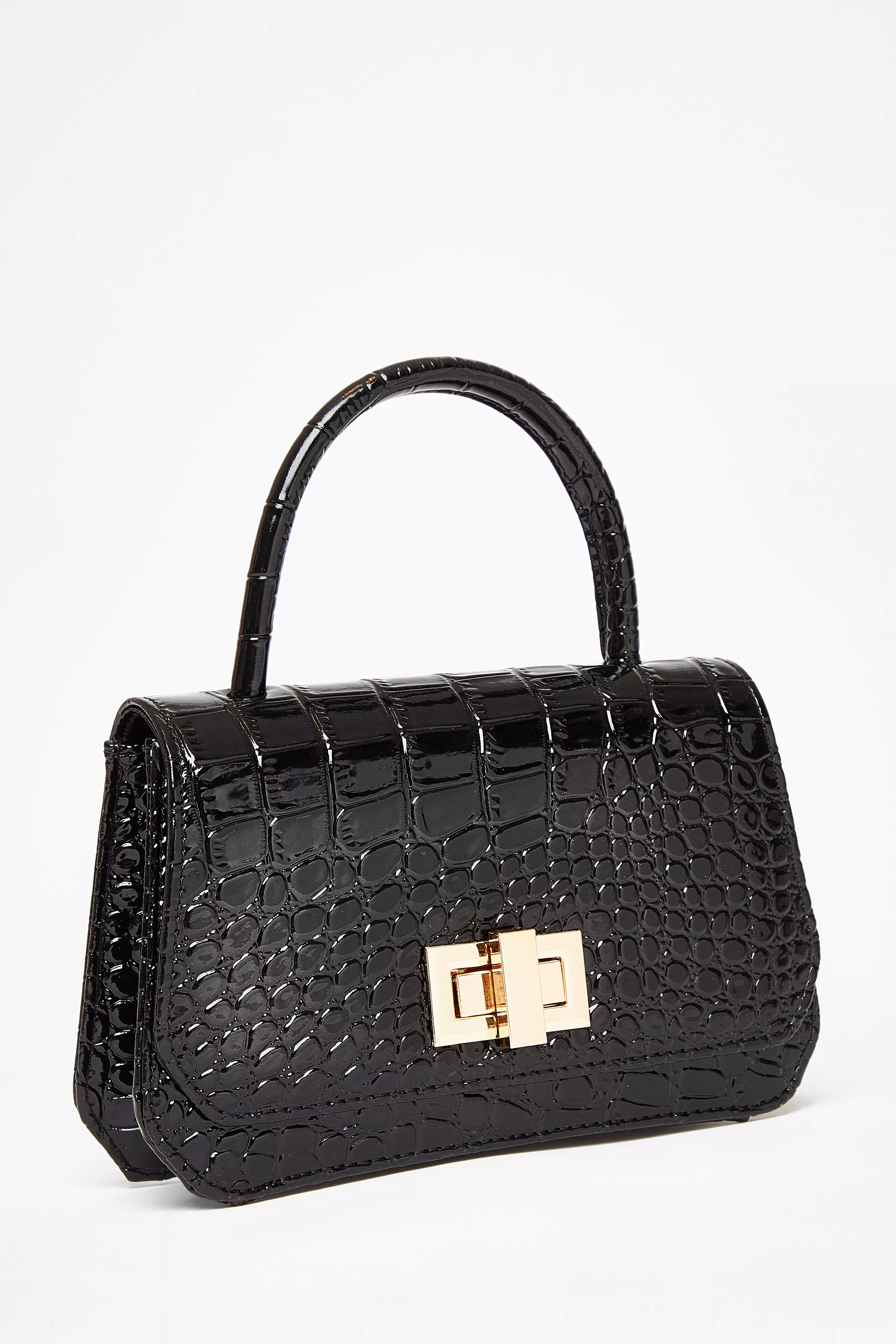 Black Crocodile Print Top Handle Bag