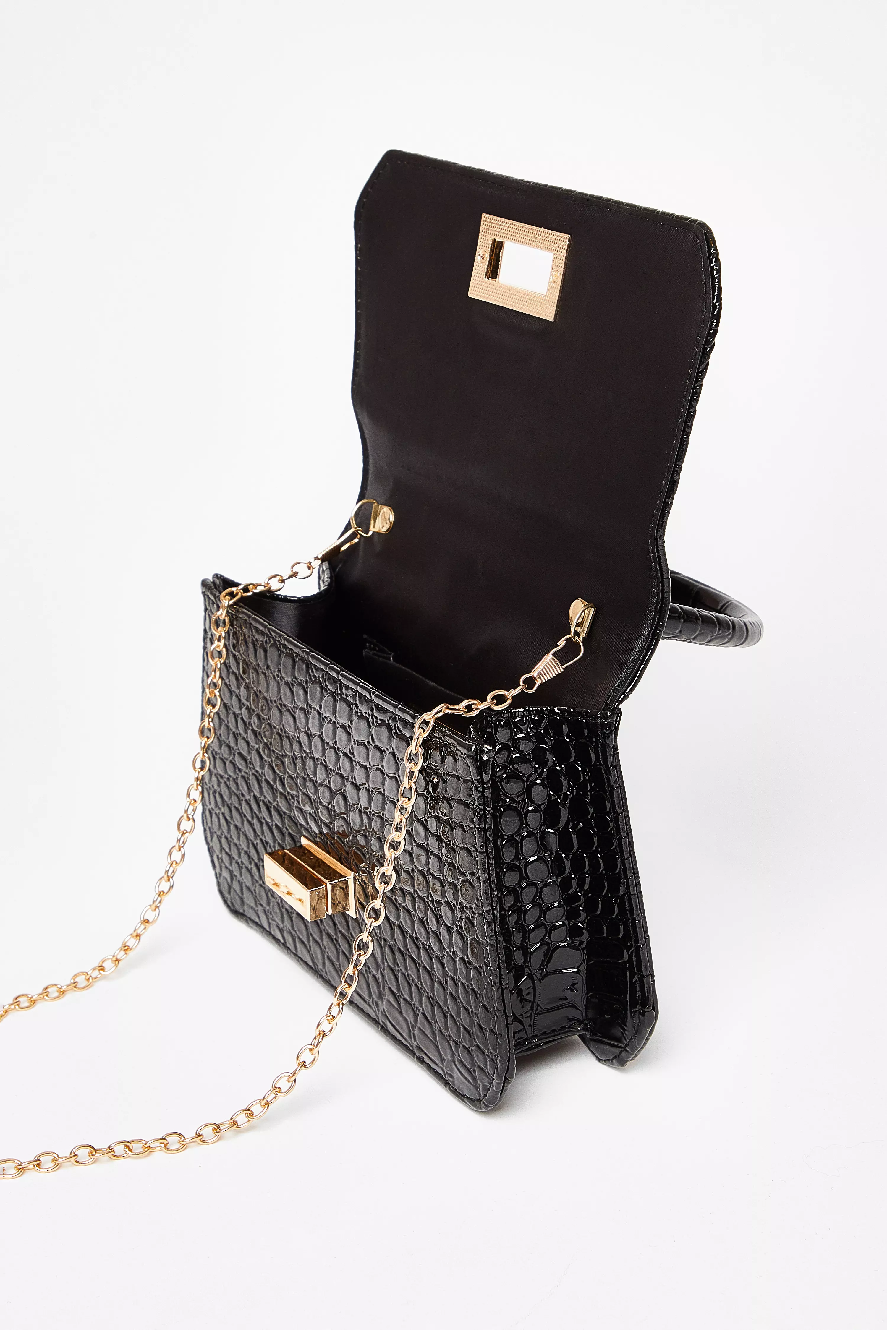 Black Crocodile Print Top Handle Bag