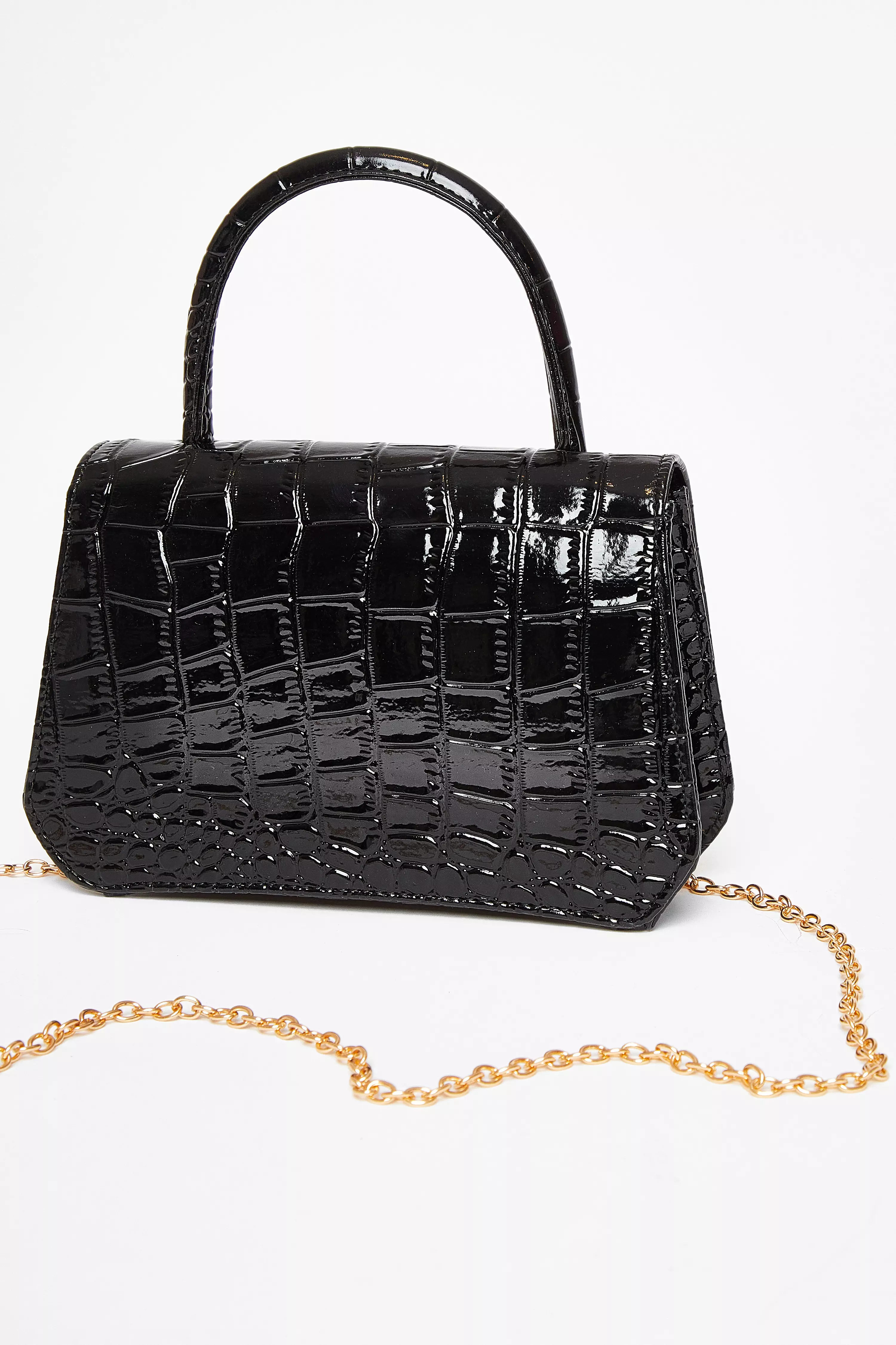 Black Crocodile Print Top Handle Bag