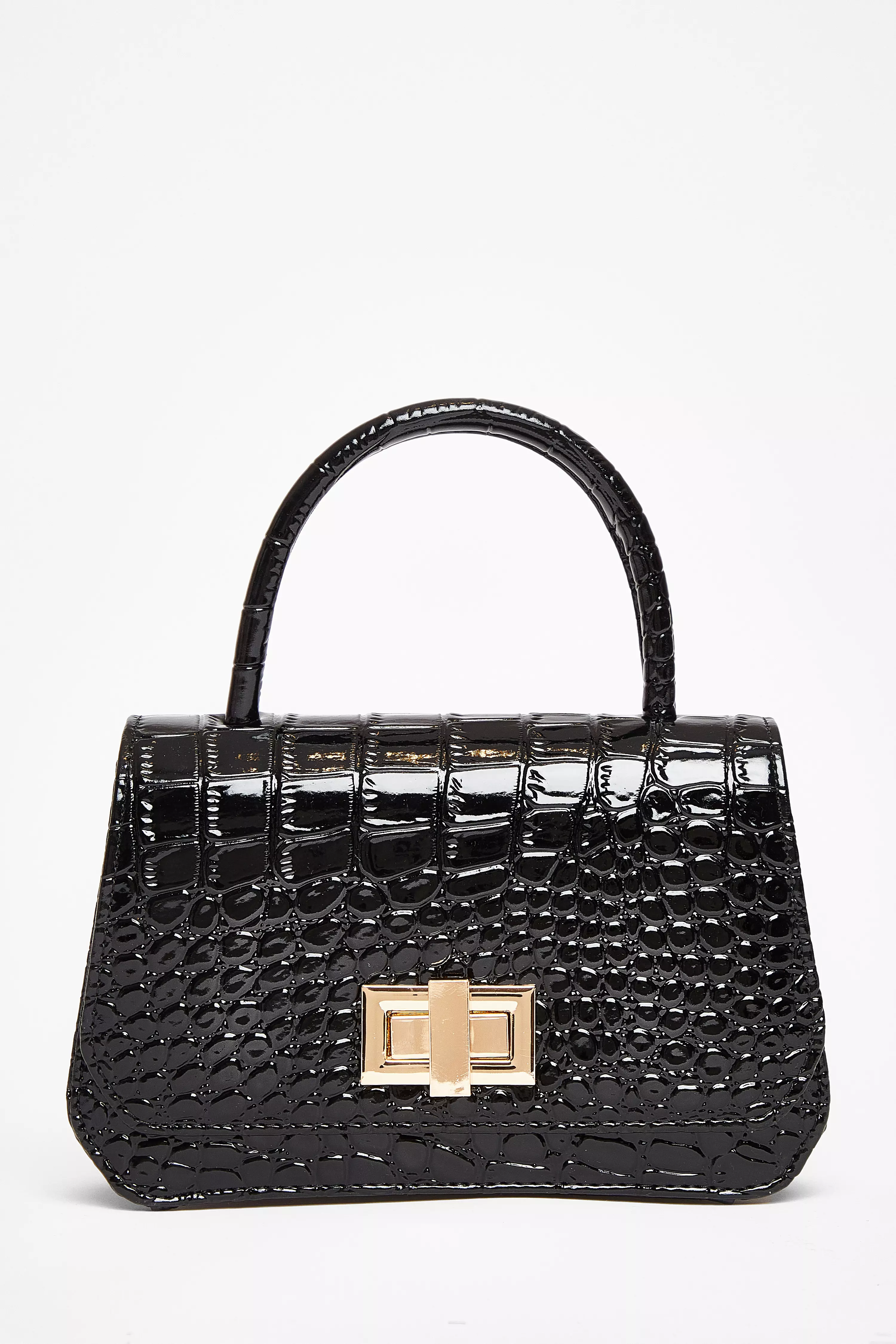 Black Crocodile Print Top Handle Bag