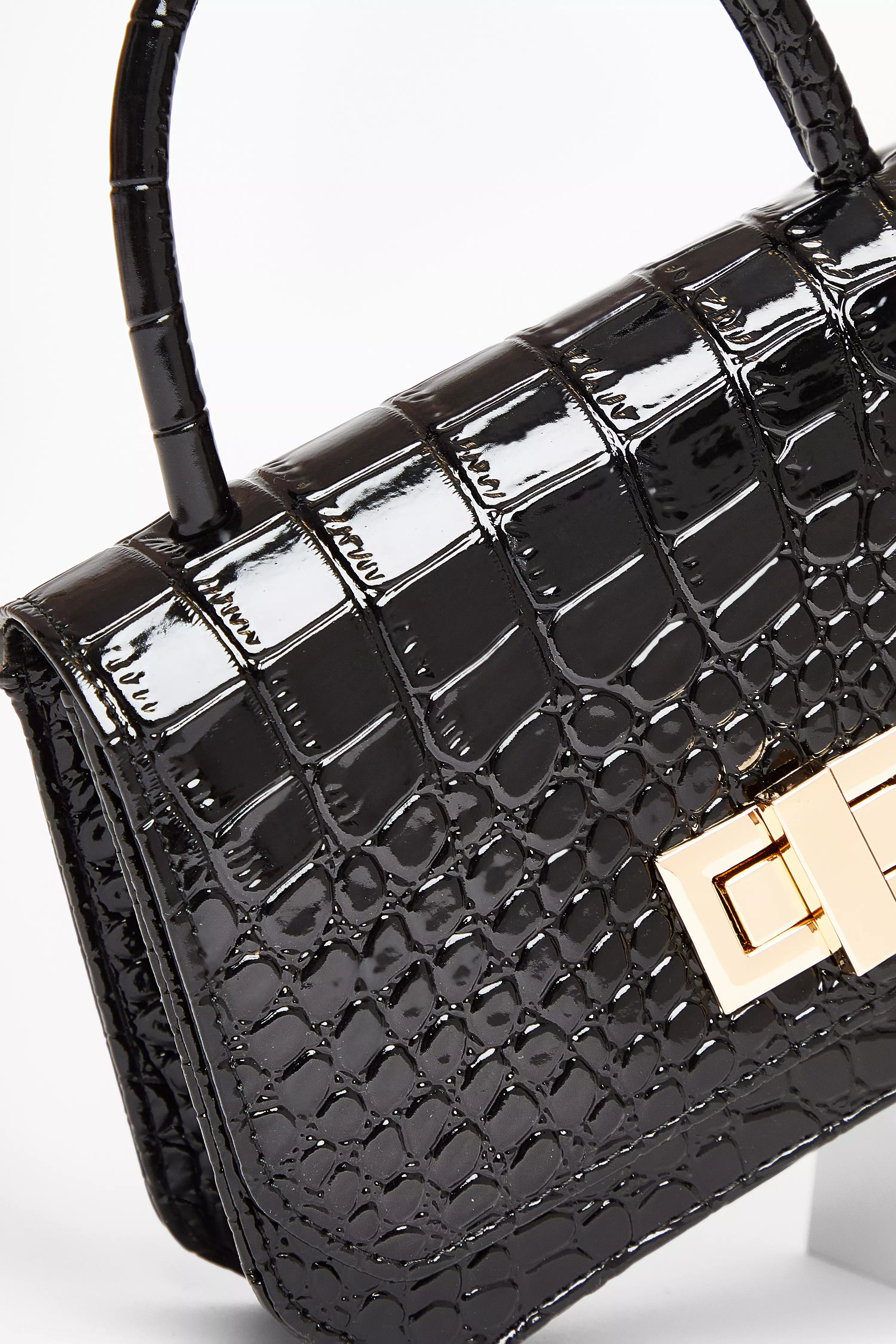 Black Crocodile Print Top Handle Bag