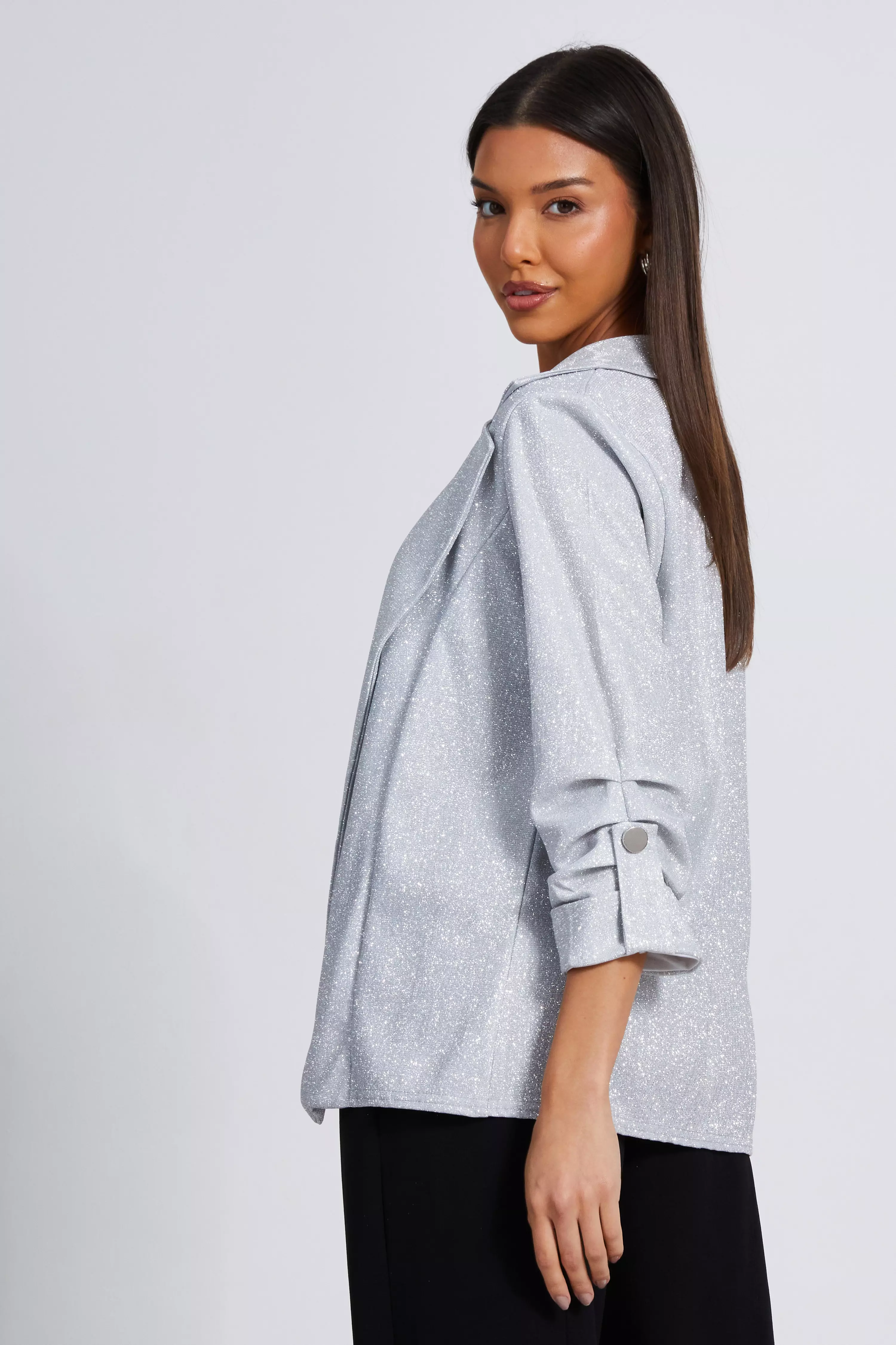 Silver Ruched Sleeve Blazer