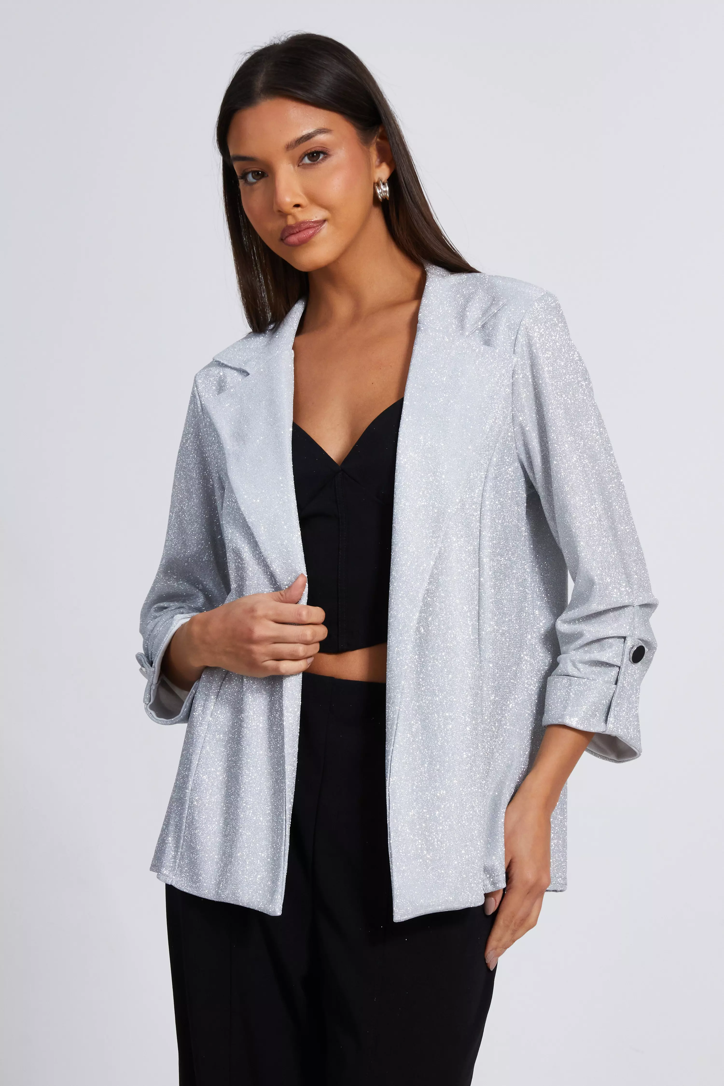 Silver Ruched Sleeve Blazer