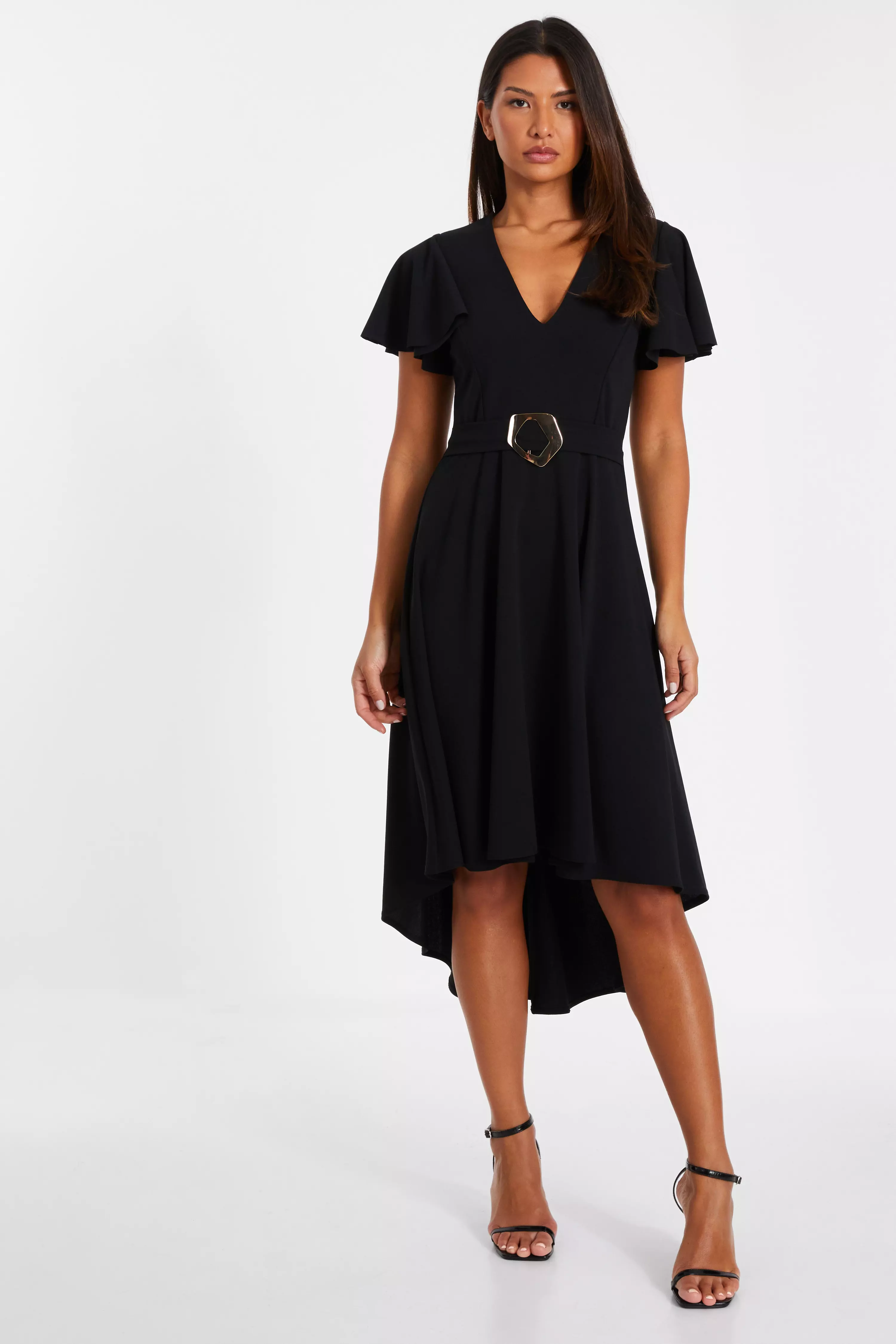 Black V Neck Dip Hem Dress
