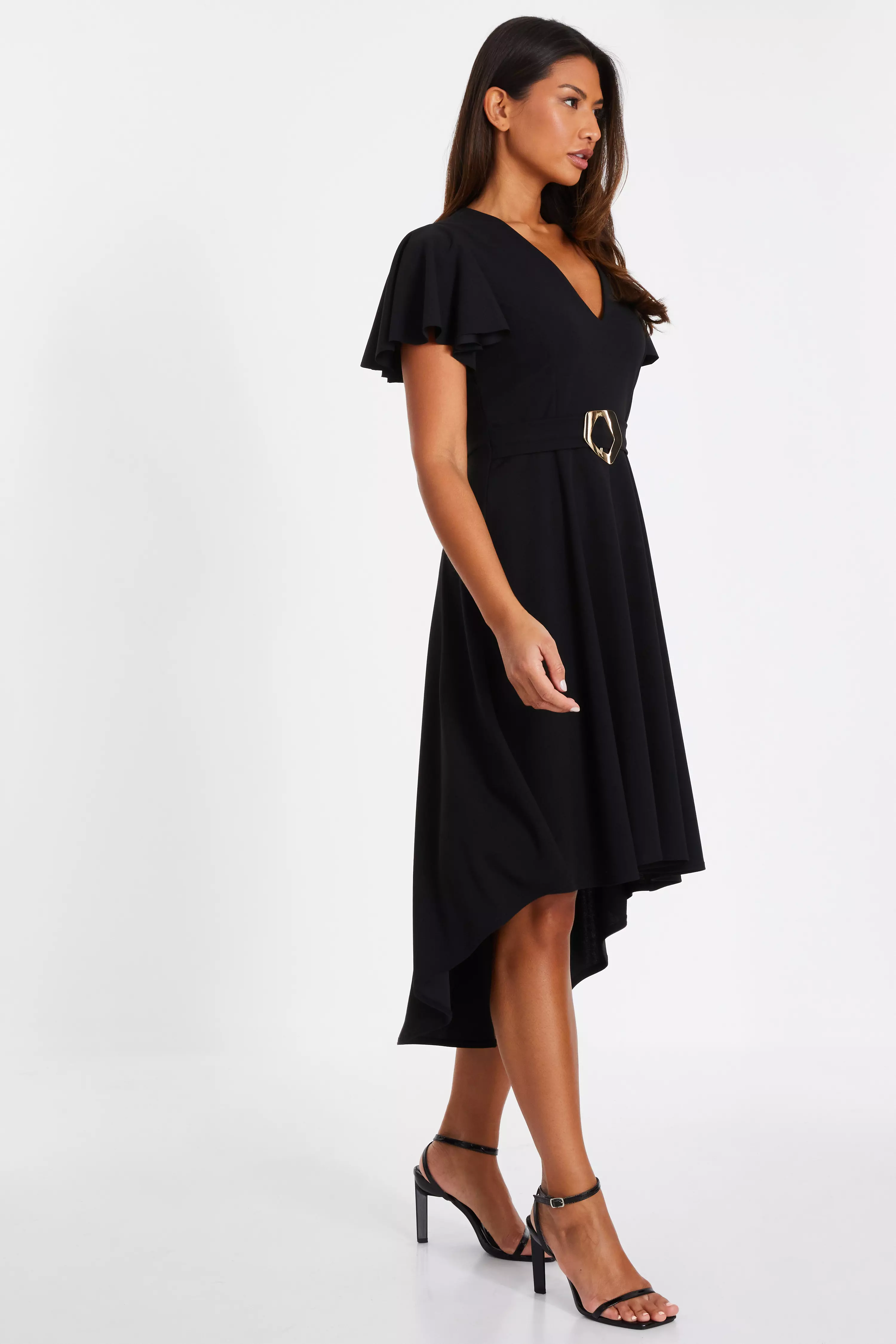 Black V Neck Dip Hem Dress
