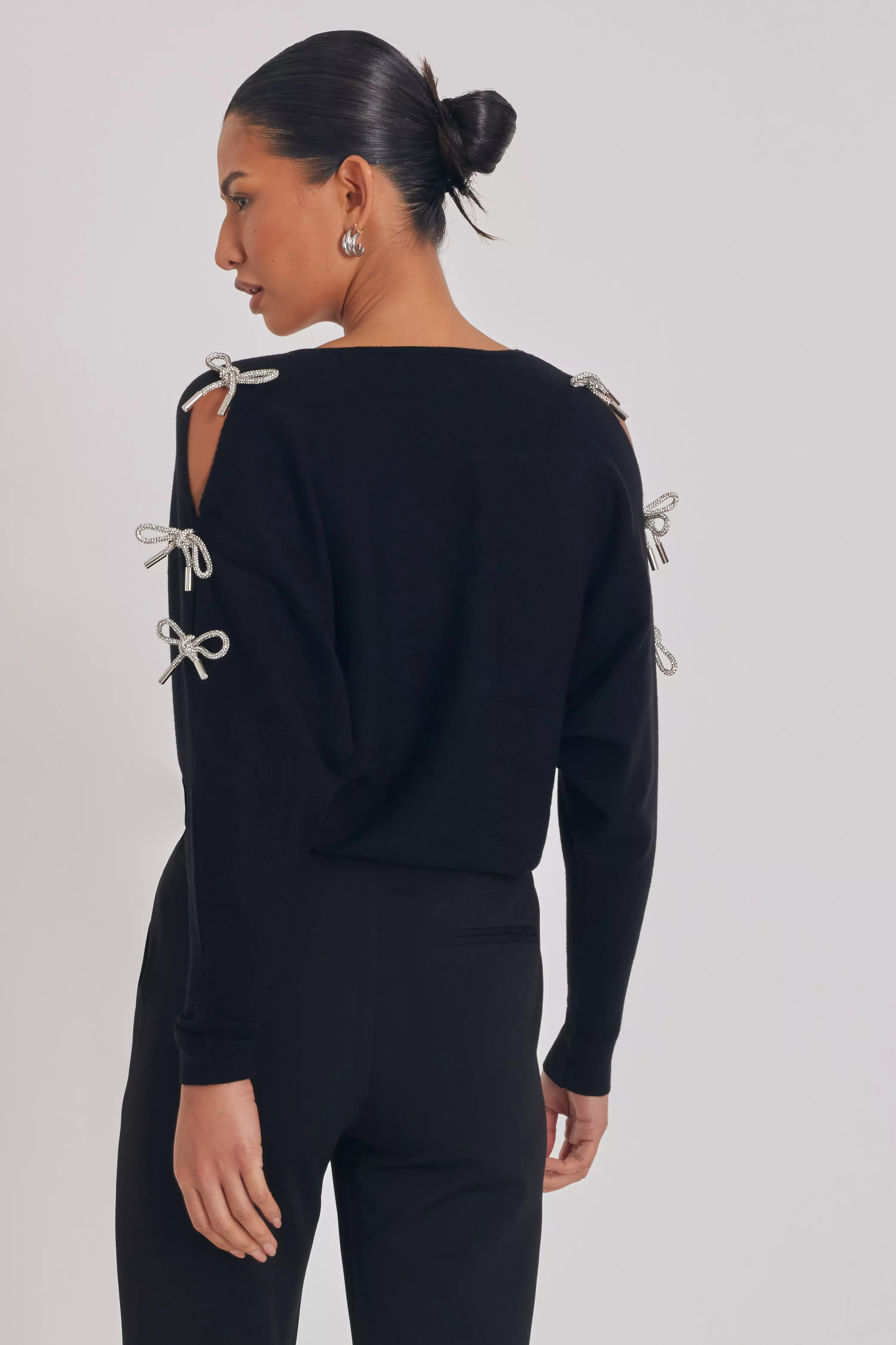 Black Knitted Diamante Bow Jumper