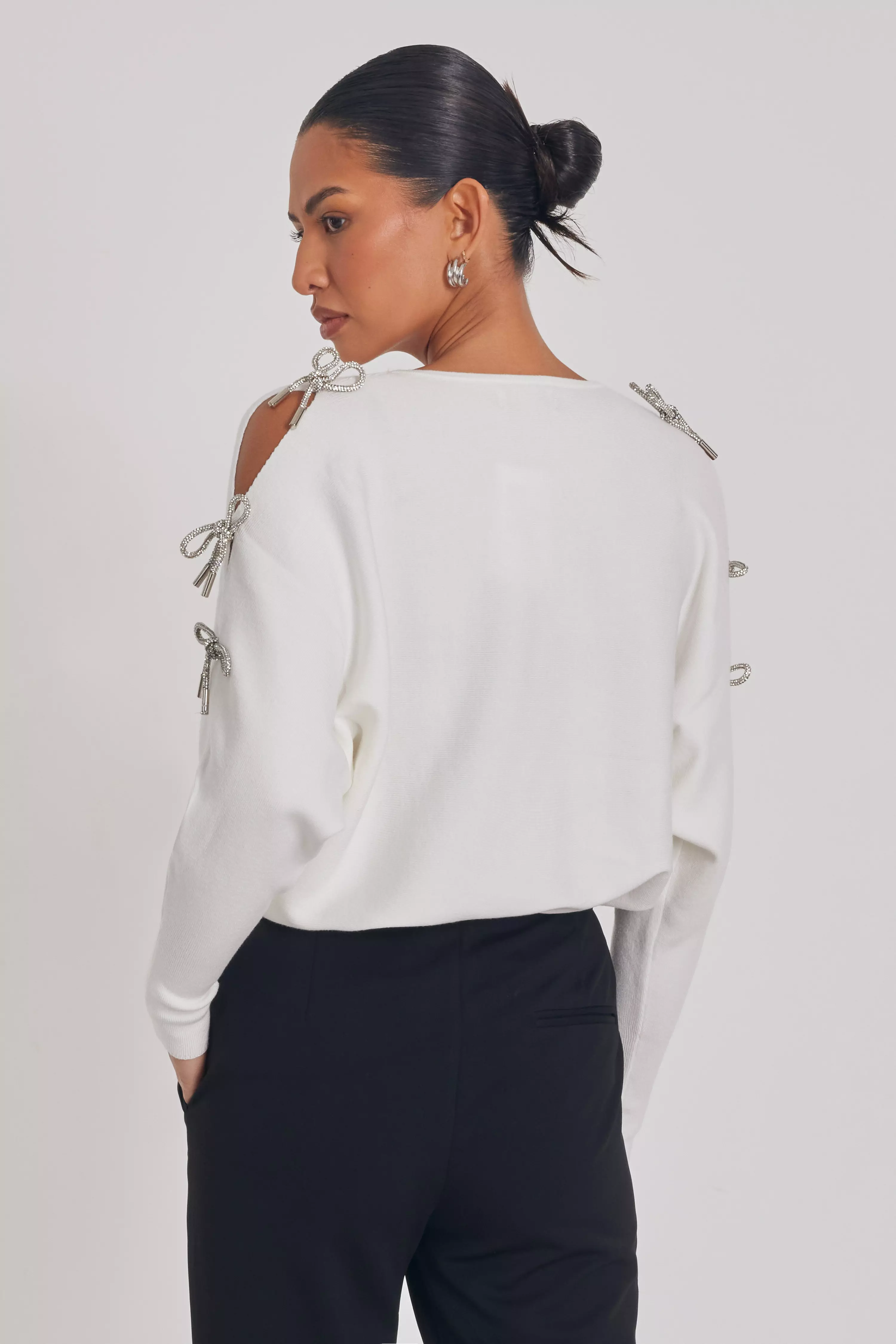 White Knitted Diamante Bow Jumper