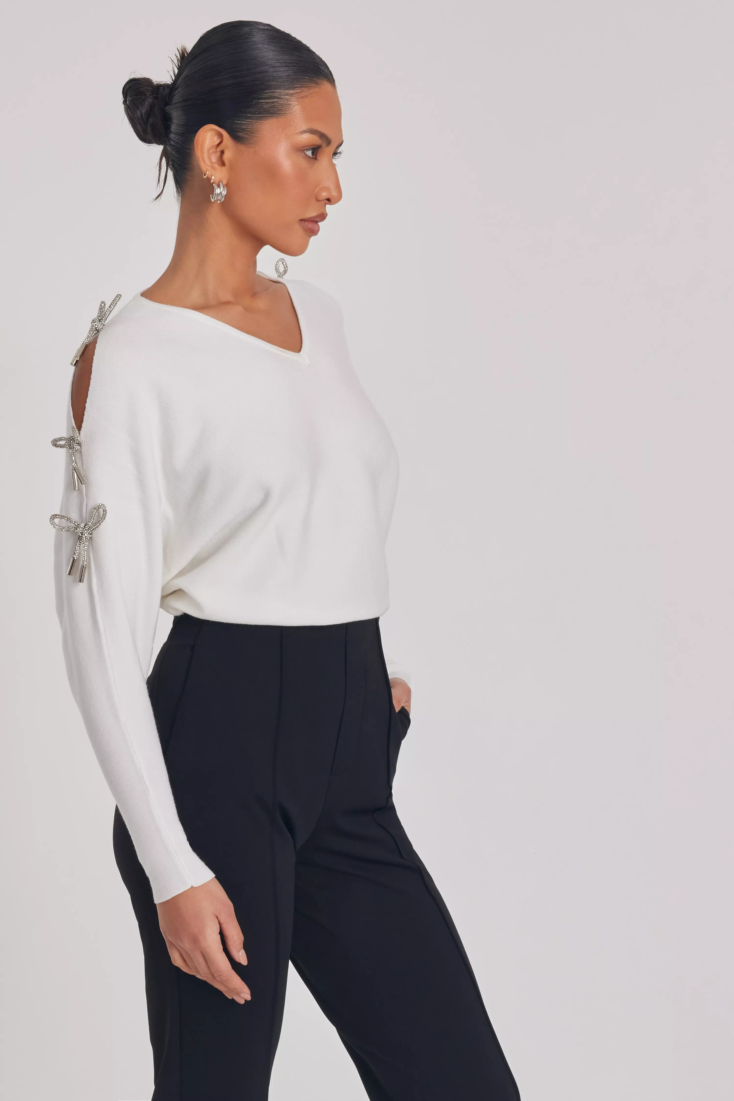 White Knitted Diamante Bow Jumper