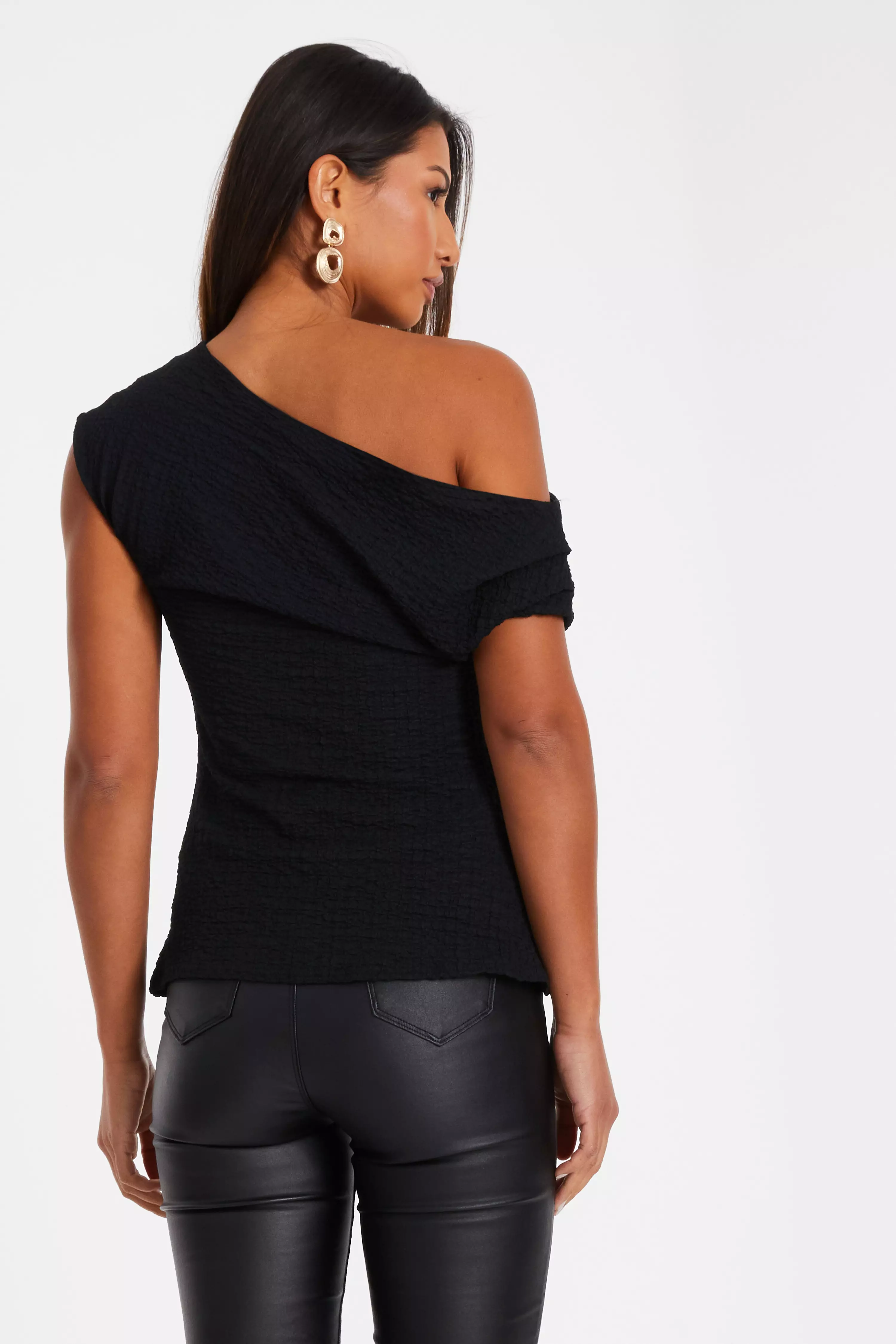 Black Textured Drape Neck Top