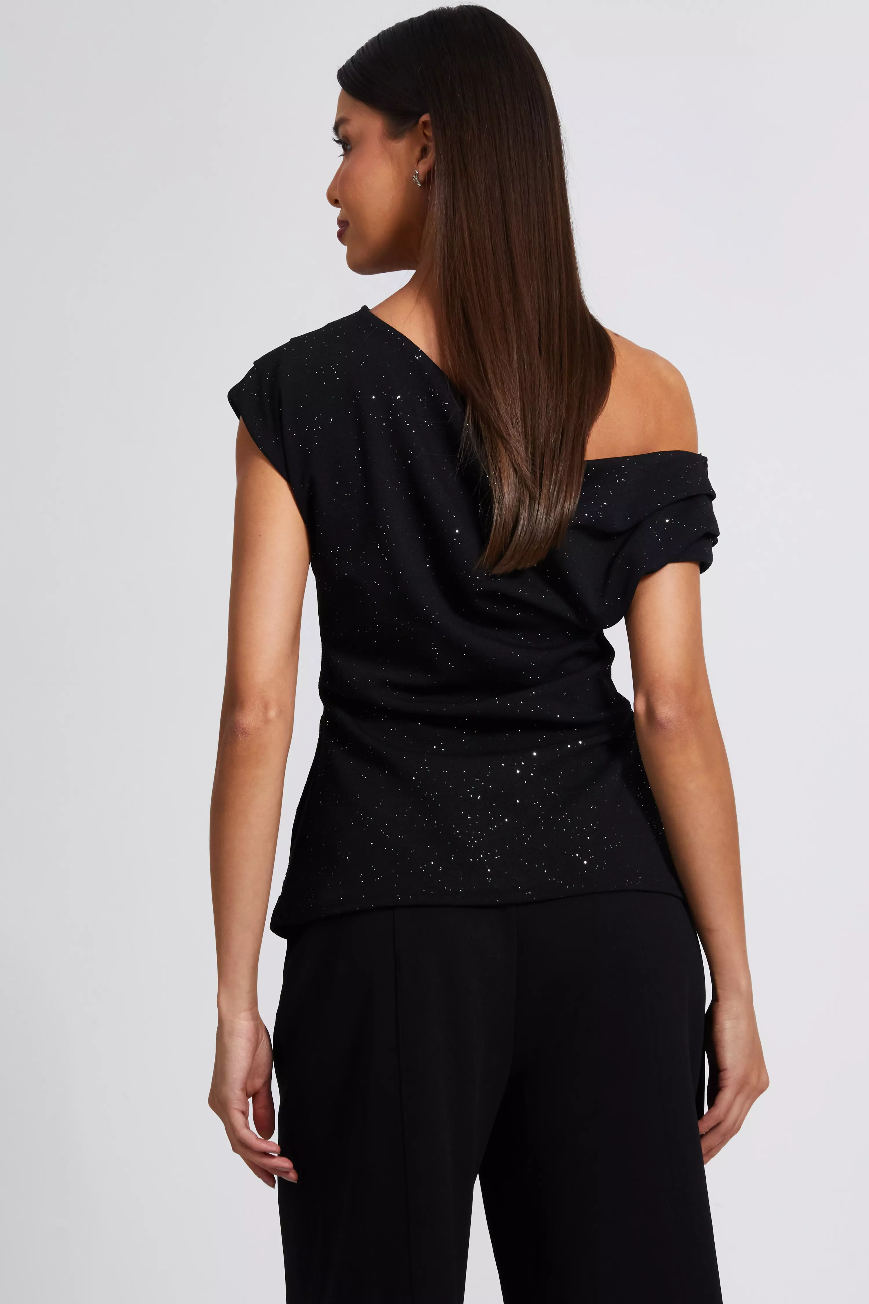 Black Glitter Drape Neck Top