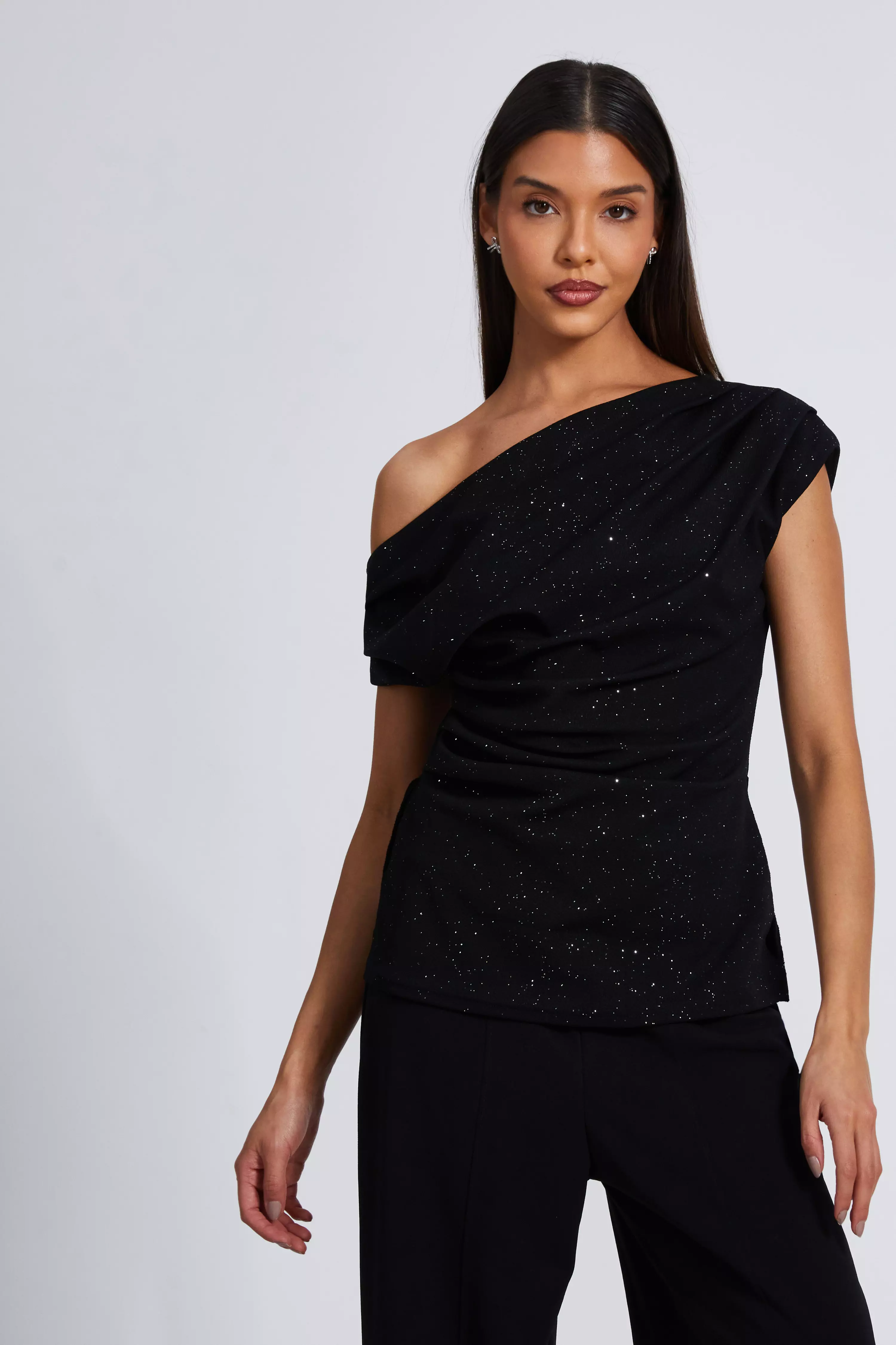 Black Glitter Drape Neck Top