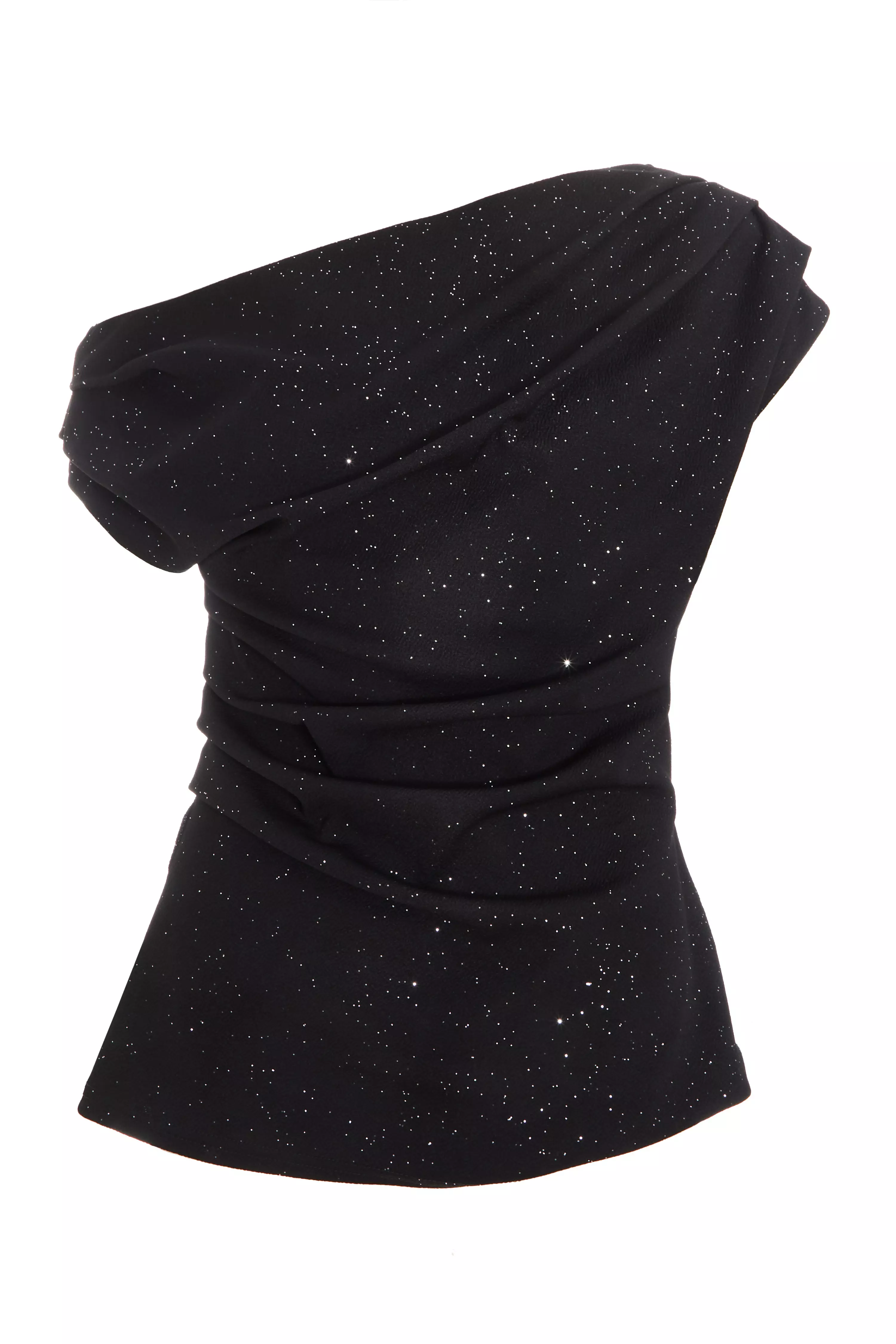 Black Glitter Drape Neck Top