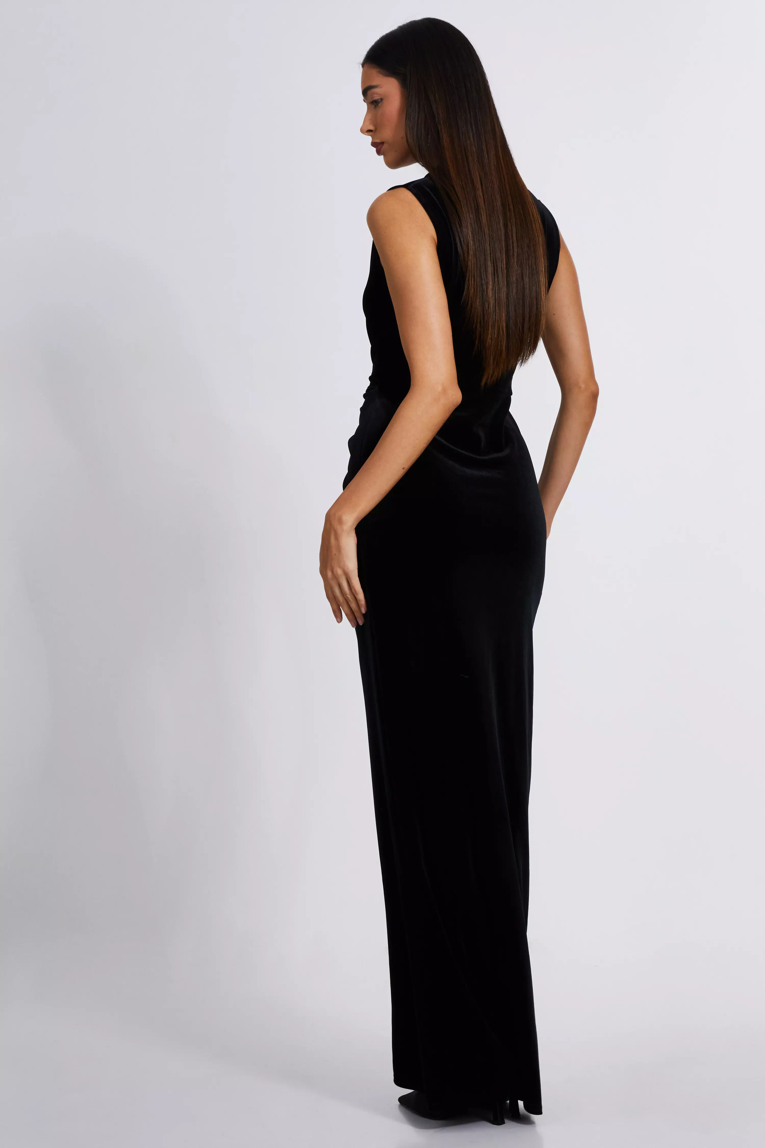 Black Velvet Twist Front Maxi Dress