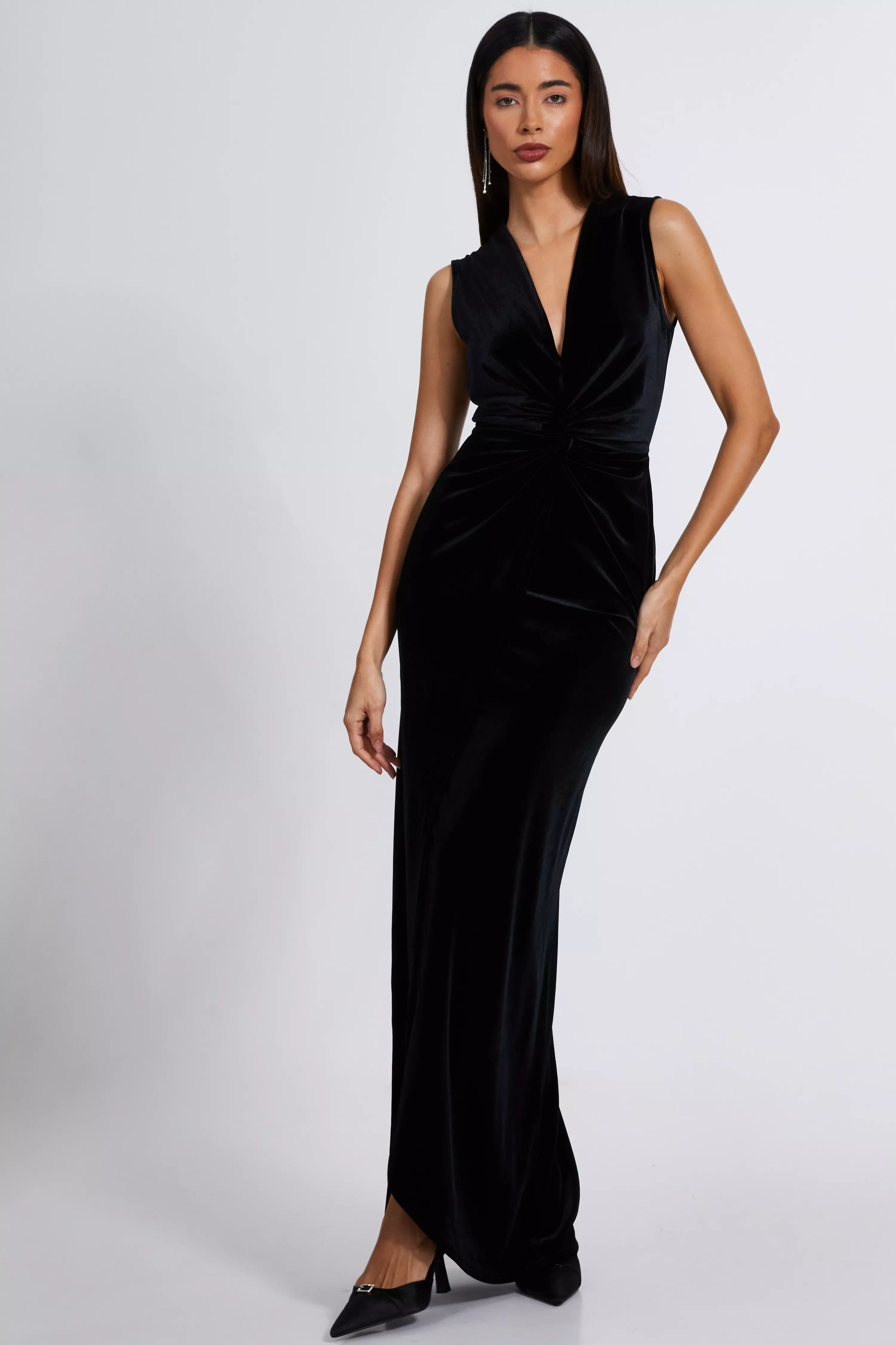 Black Velvet Twist Front Maxi Dress