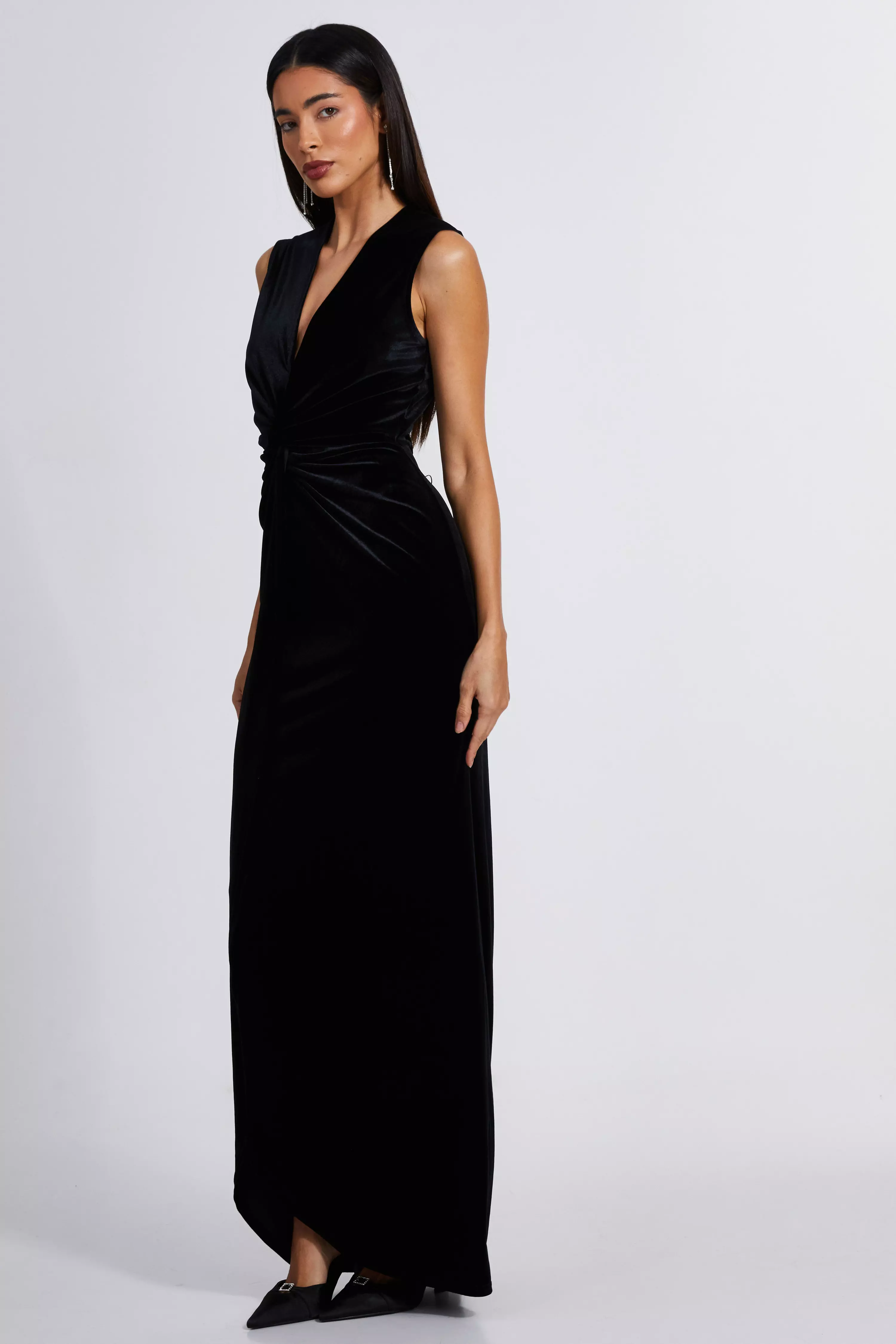 Black Velvet Twist Front Maxi Dress