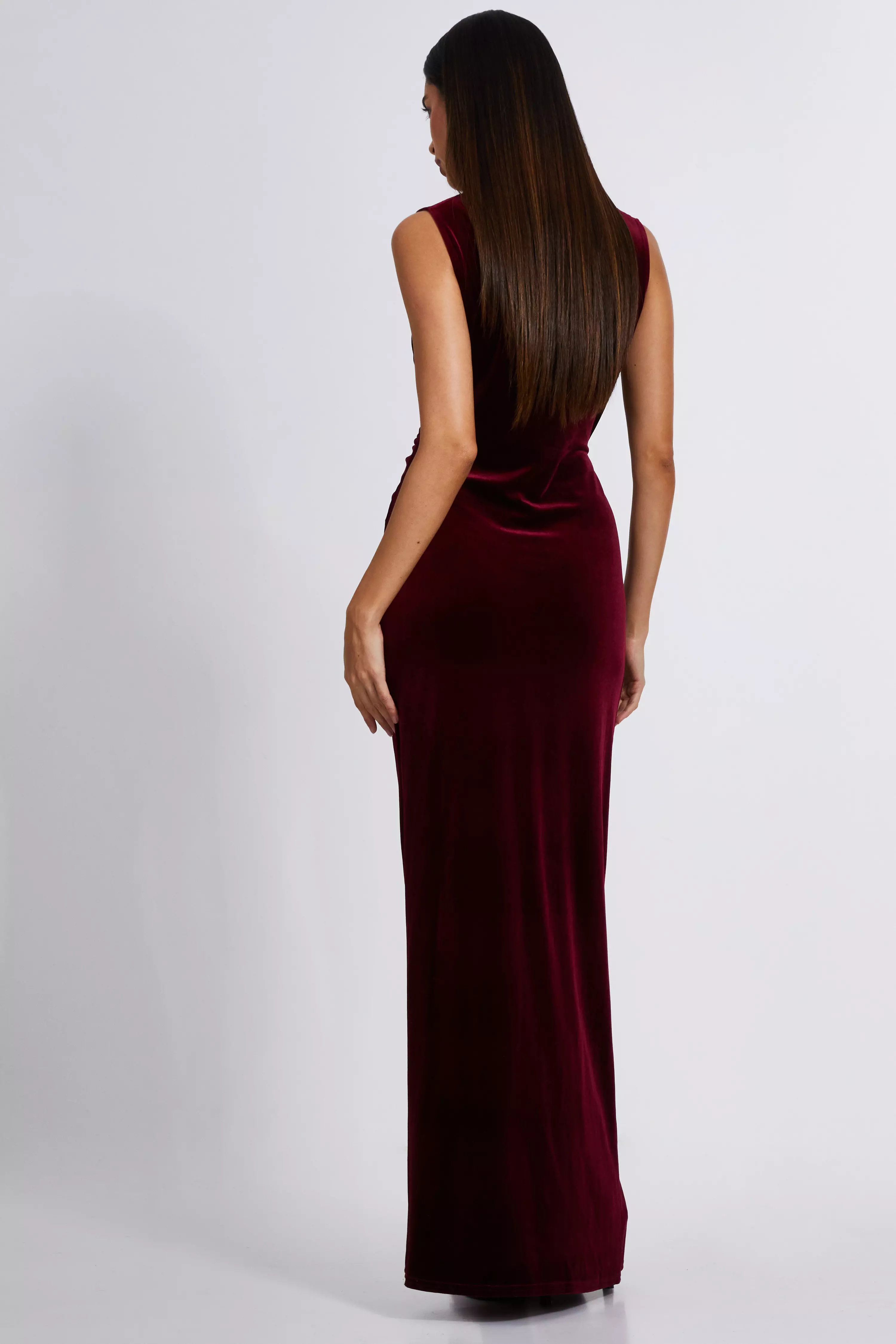 Dark Red Velvet Twist Front Maxi Dress