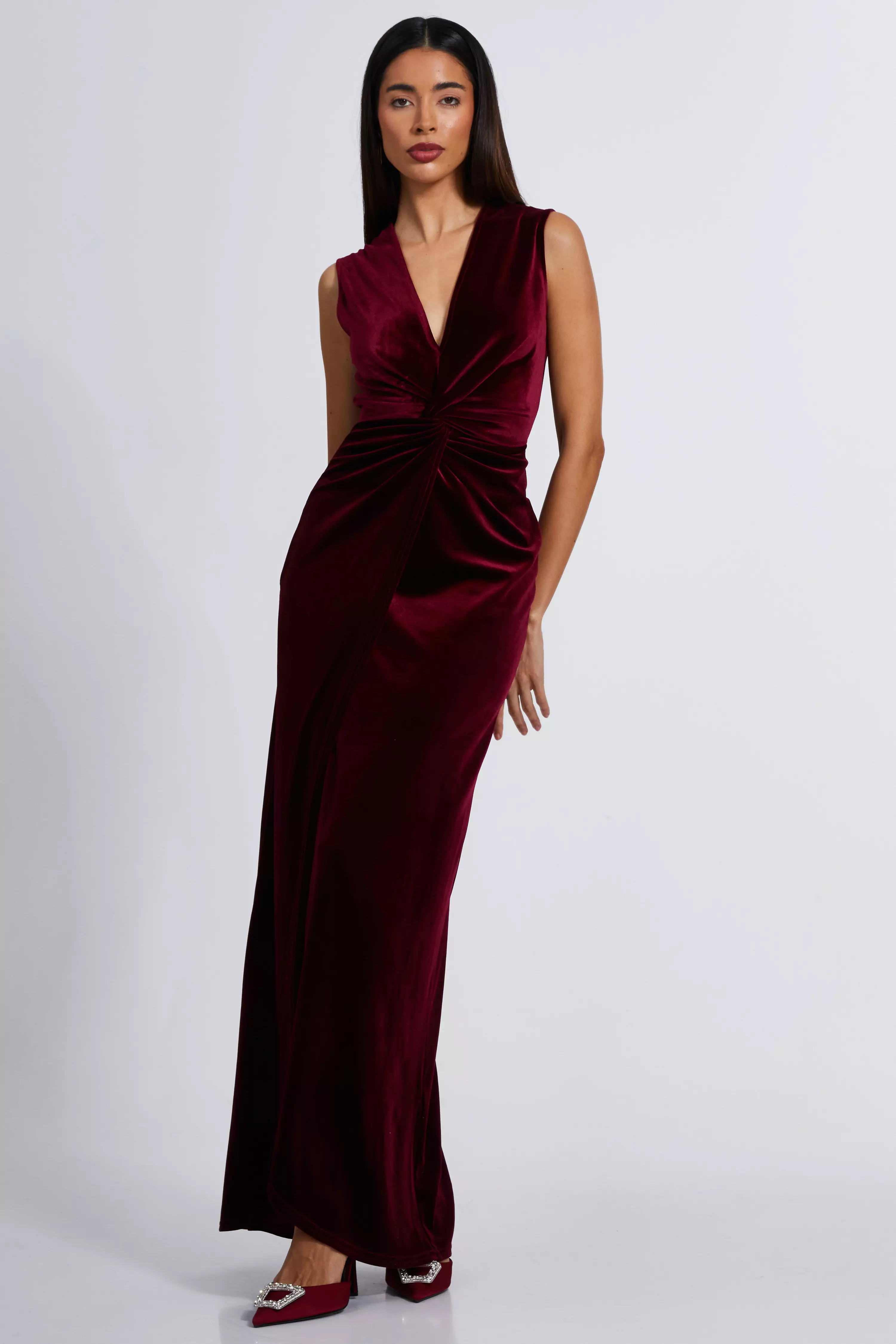 Dark Red Velvet Twist Front Maxi Dress