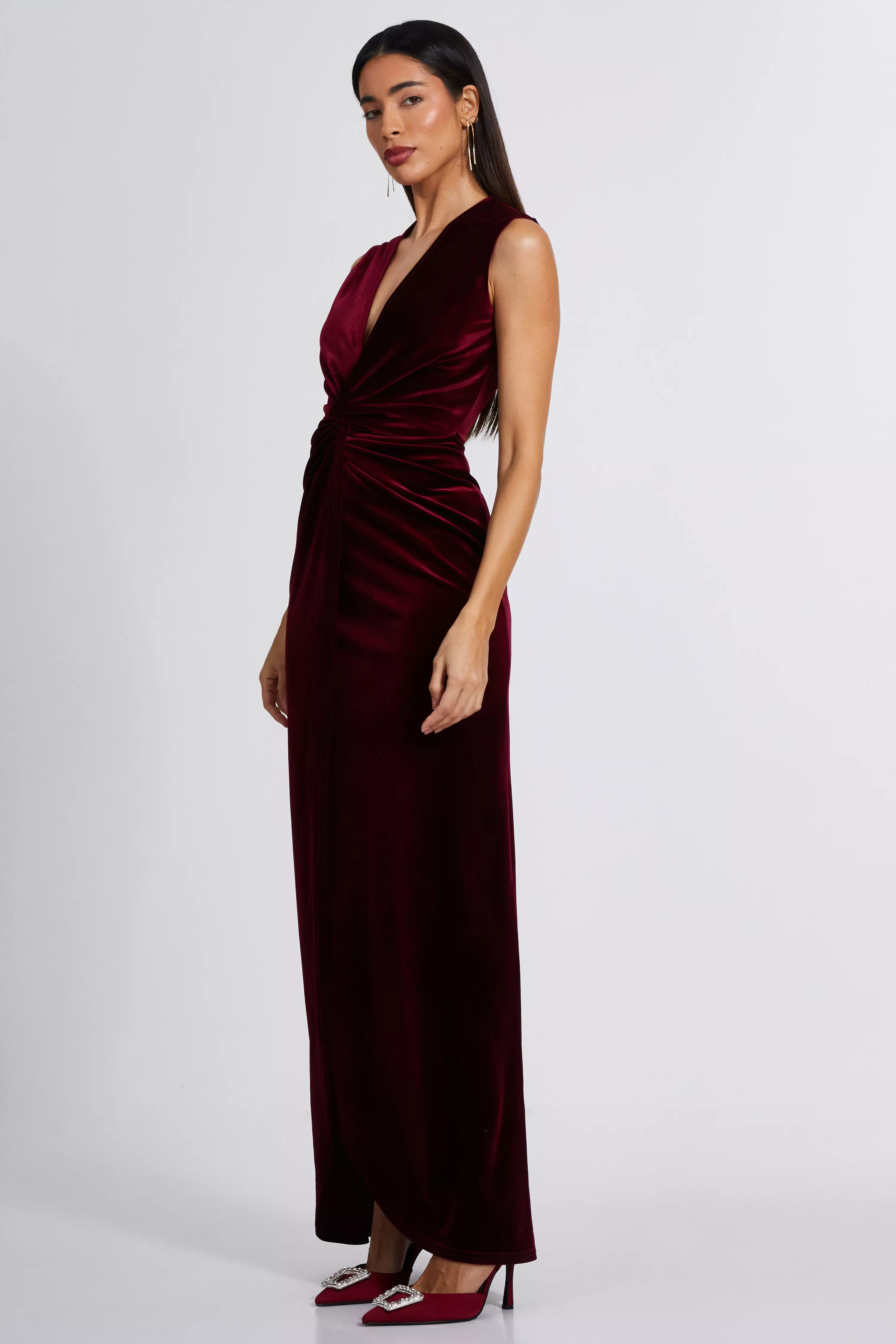 Dark Red Velvet Twist Front Maxi Dress