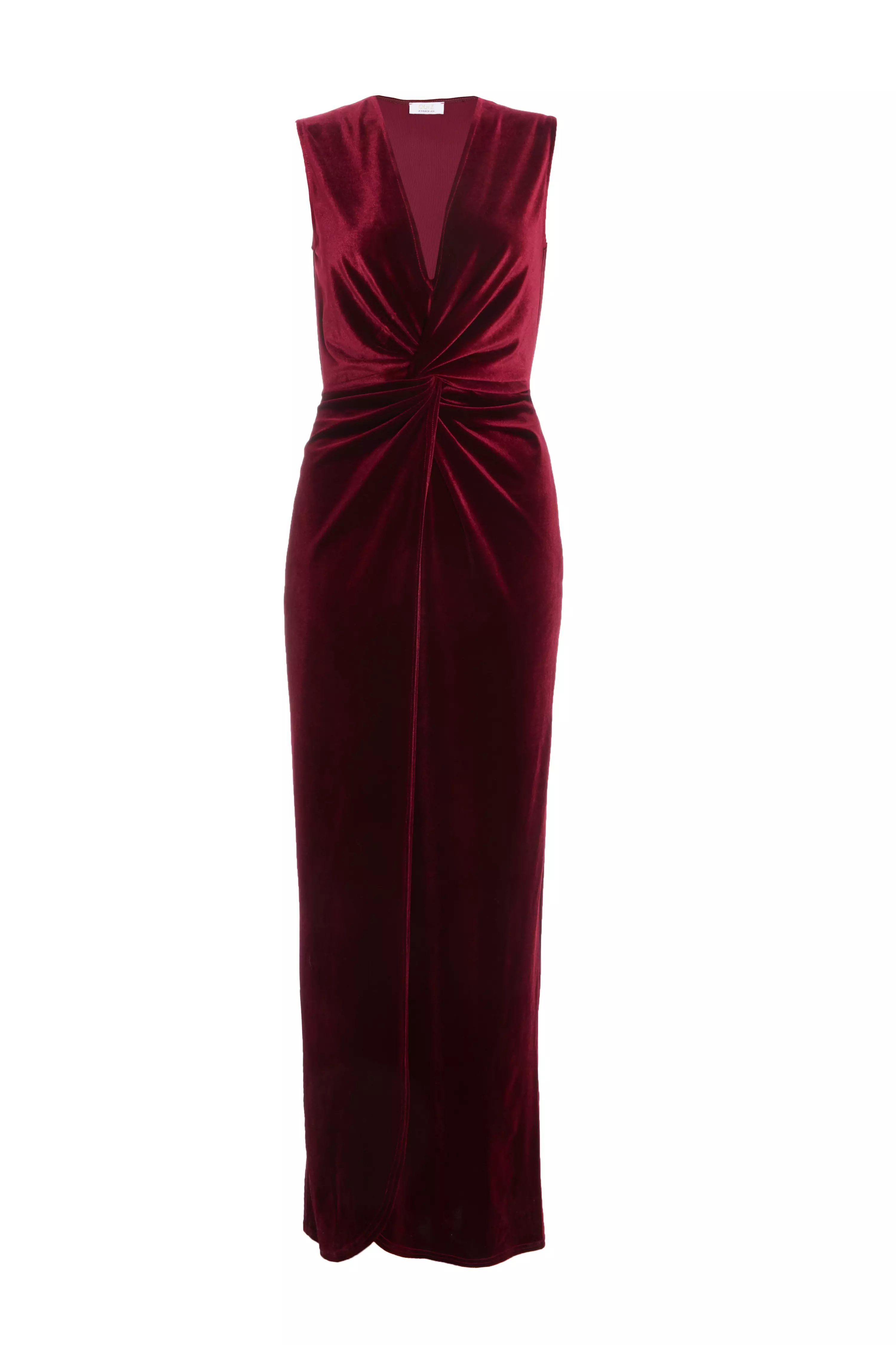 Dark Red Velvet Twist Front Maxi Dress