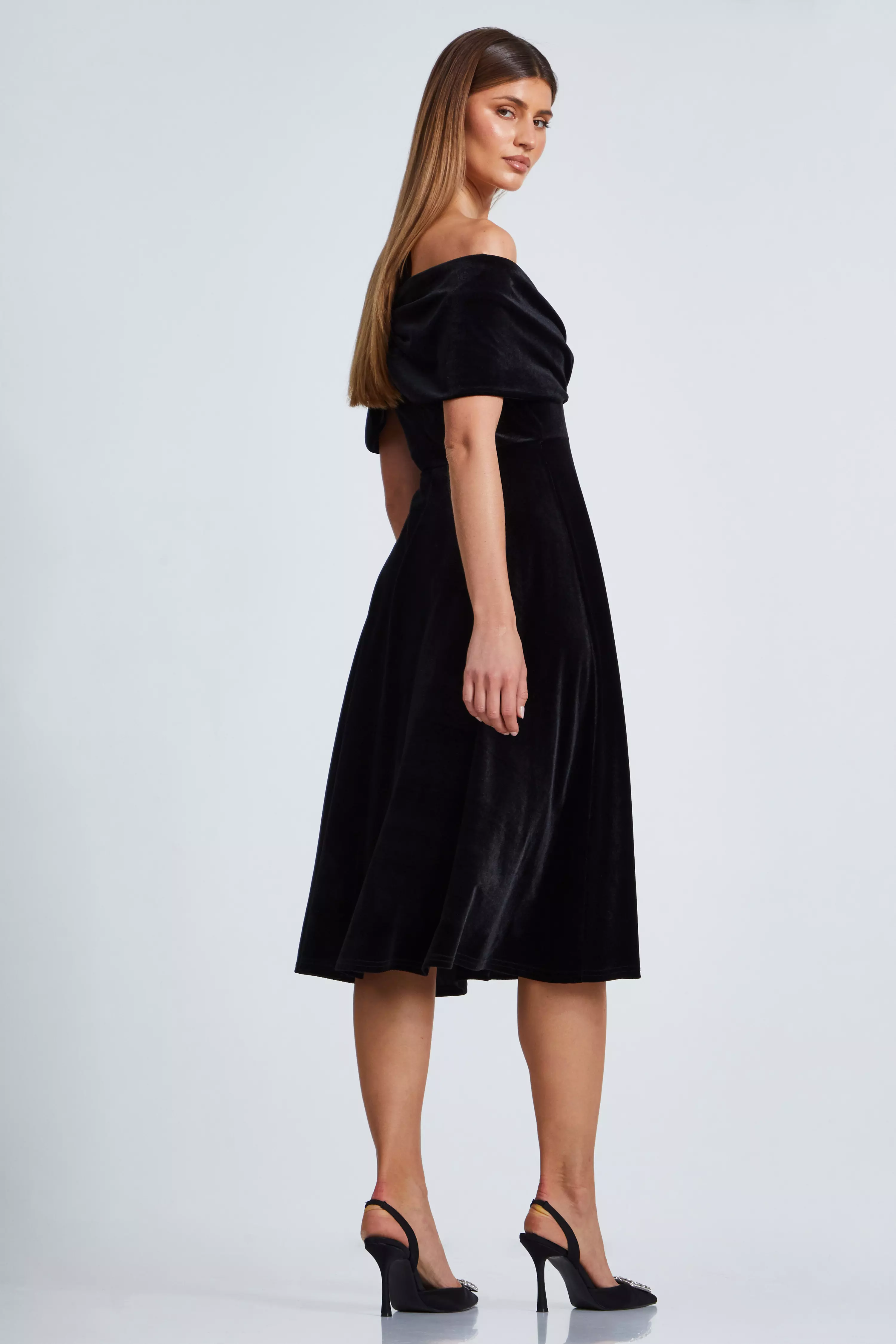 Black Velvet Bardot Midi Dress